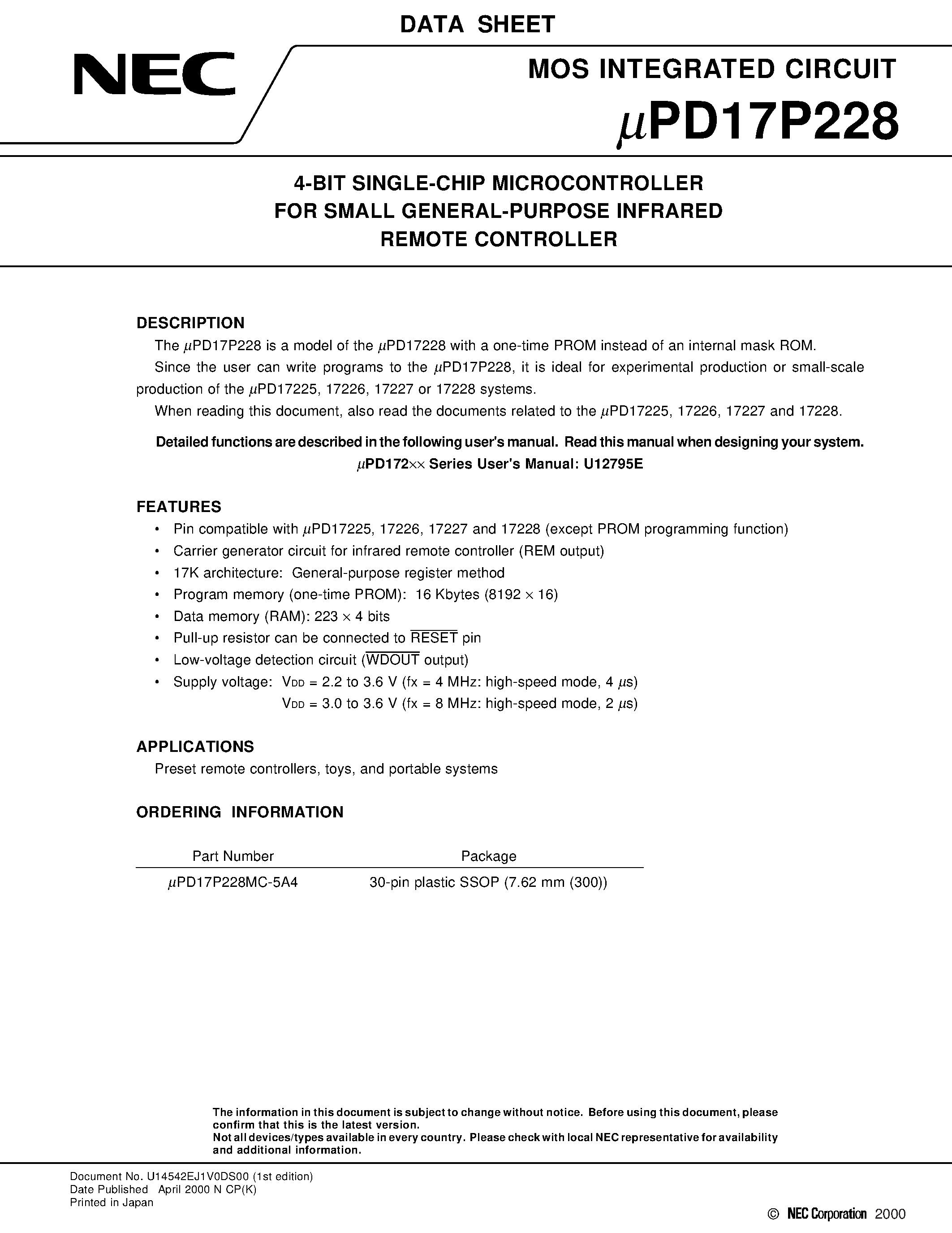 Datasheet UPD17P228 - 4-BIT SINGLE-CHIP MICROCONTROLLER FOR SMALL GENERAL-PURPOSE INFRARED REMOTE CONTROLLER page 1