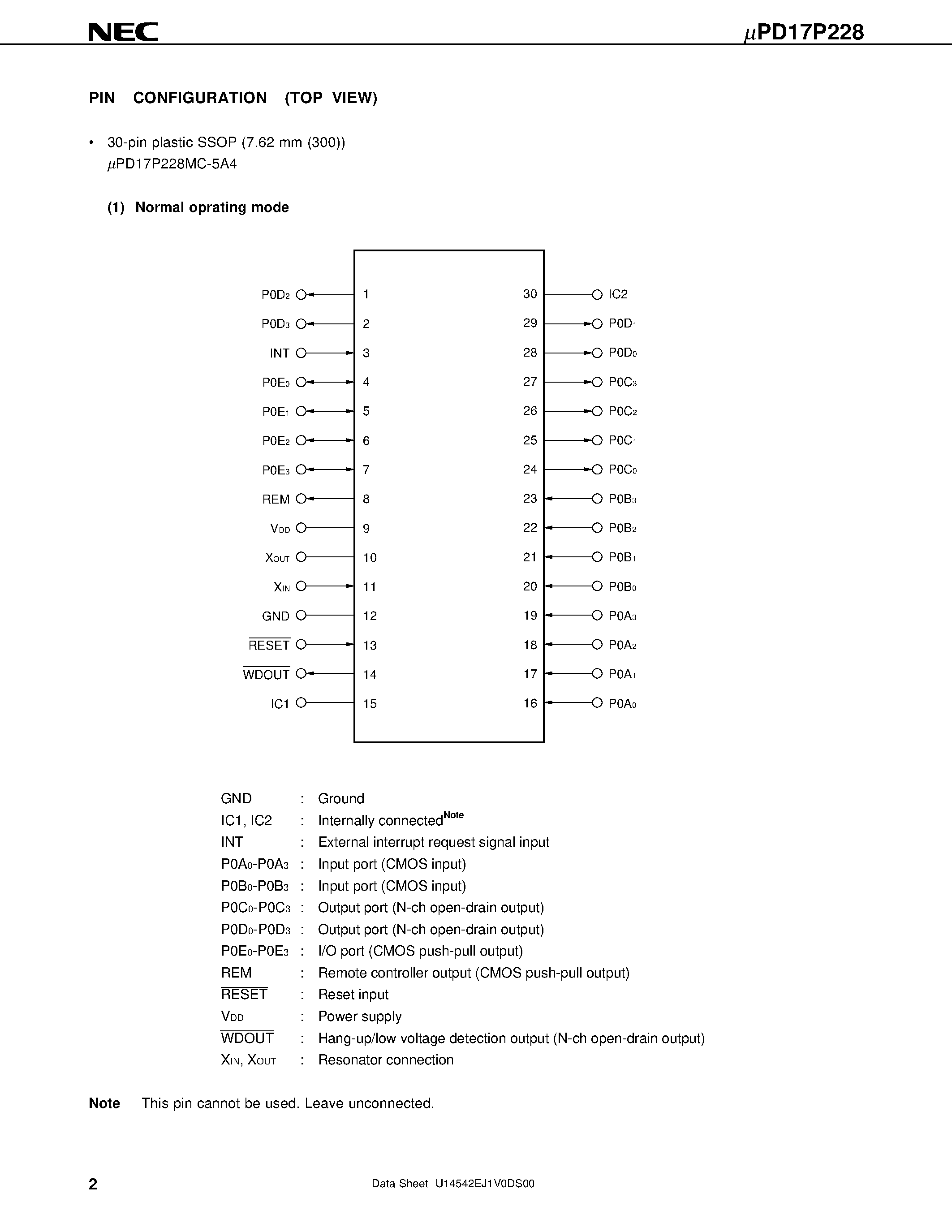 Datasheet UPD17P228 - 4-BIT SINGLE-CHIP MICROCONTROLLER FOR SMALL GENERAL-PURPOSE INFRARED REMOTE CONTROLLER page 2