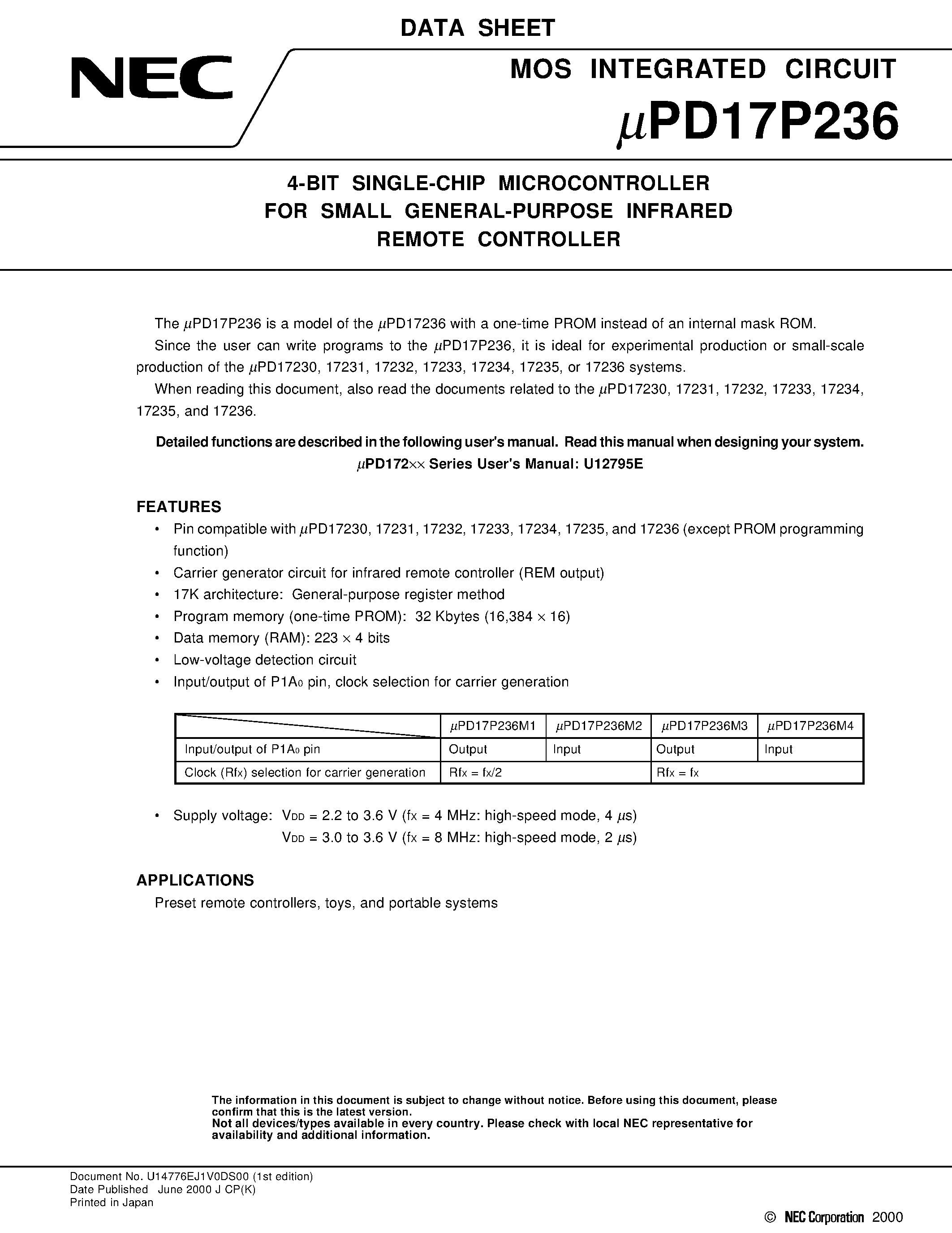 Datasheet UPD17P236 - 4-BIT SINGLE-CHIP MICROCONTROLLER FOR SMALL GENERAL-PURPOSE INFRARED REMOTE CONTROLLER page 1