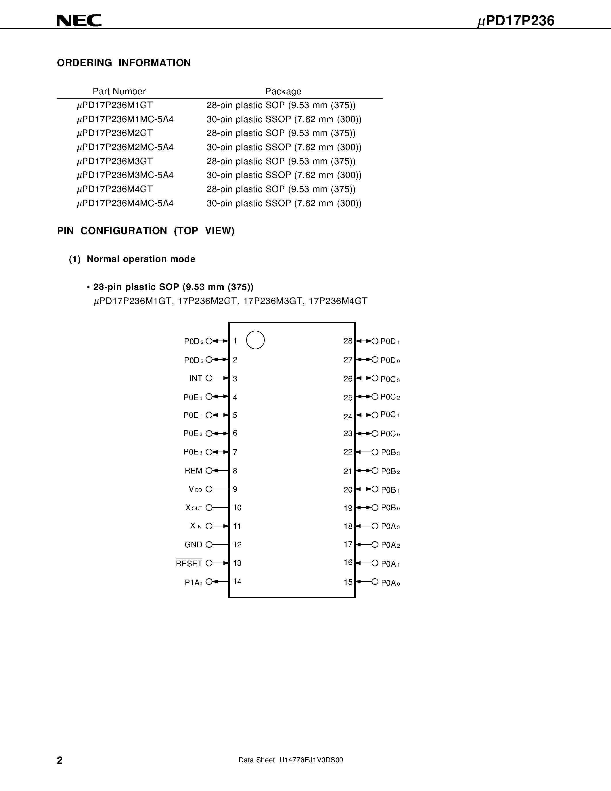 Datasheet UPD17P236 - 4-BIT SINGLE-CHIP MICROCONTROLLER FOR SMALL GENERAL-PURPOSE INFRARED REMOTE CONTROLLER page 2