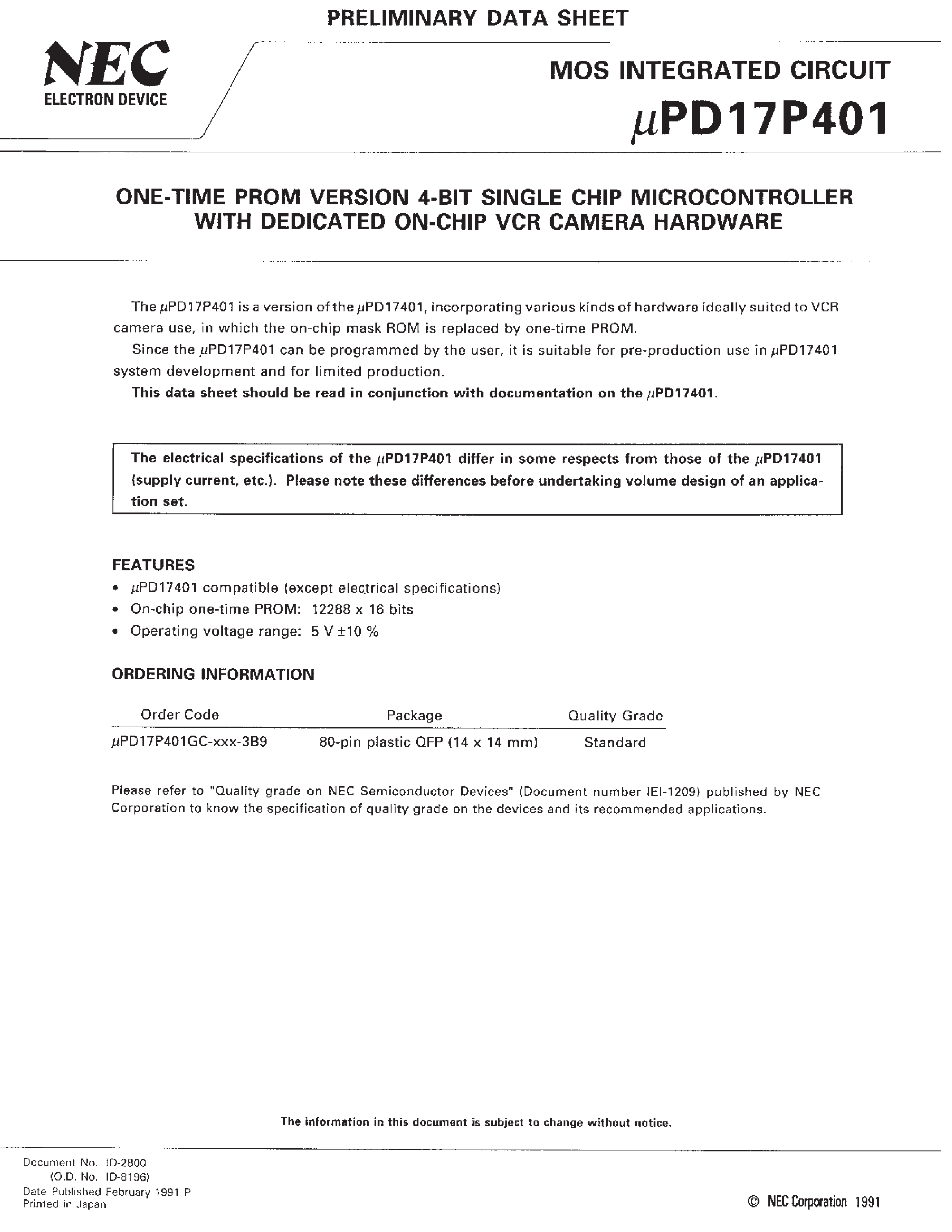 Datasheet UPD17P401 - ONE-TIME PROM VERSION 4-BIT SINGLE CHIP MICROCONTROLLER WITH DEDICATED ON-CHIP VCR CAMERA HARDWARE page 1