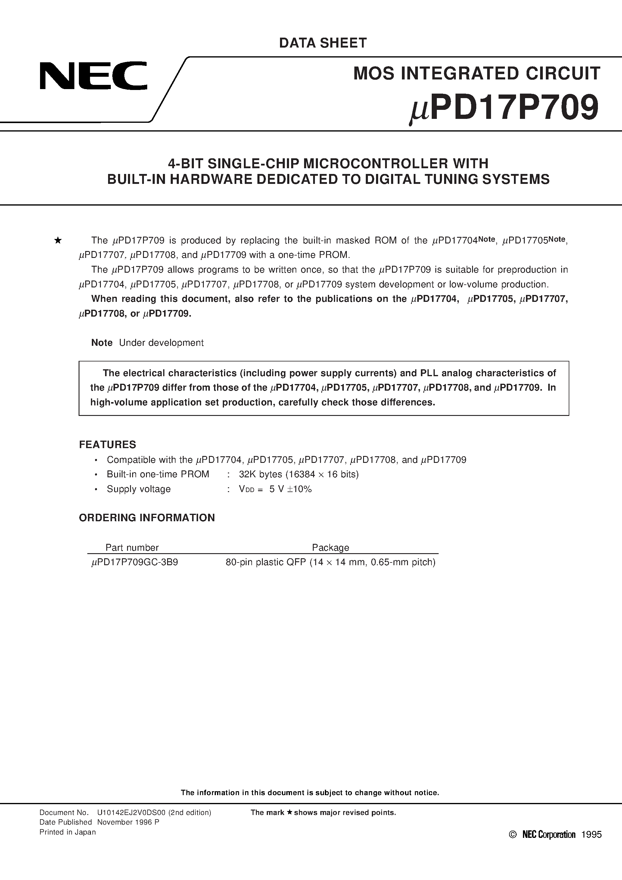 Datasheet UPD17P709 - 4-BIT SINGLE-CHIP MICROCONTROLLER WITH BUILT-IN HARDWARE DEDICATED TO DIGITAL TUNING SYSTEMS page 1