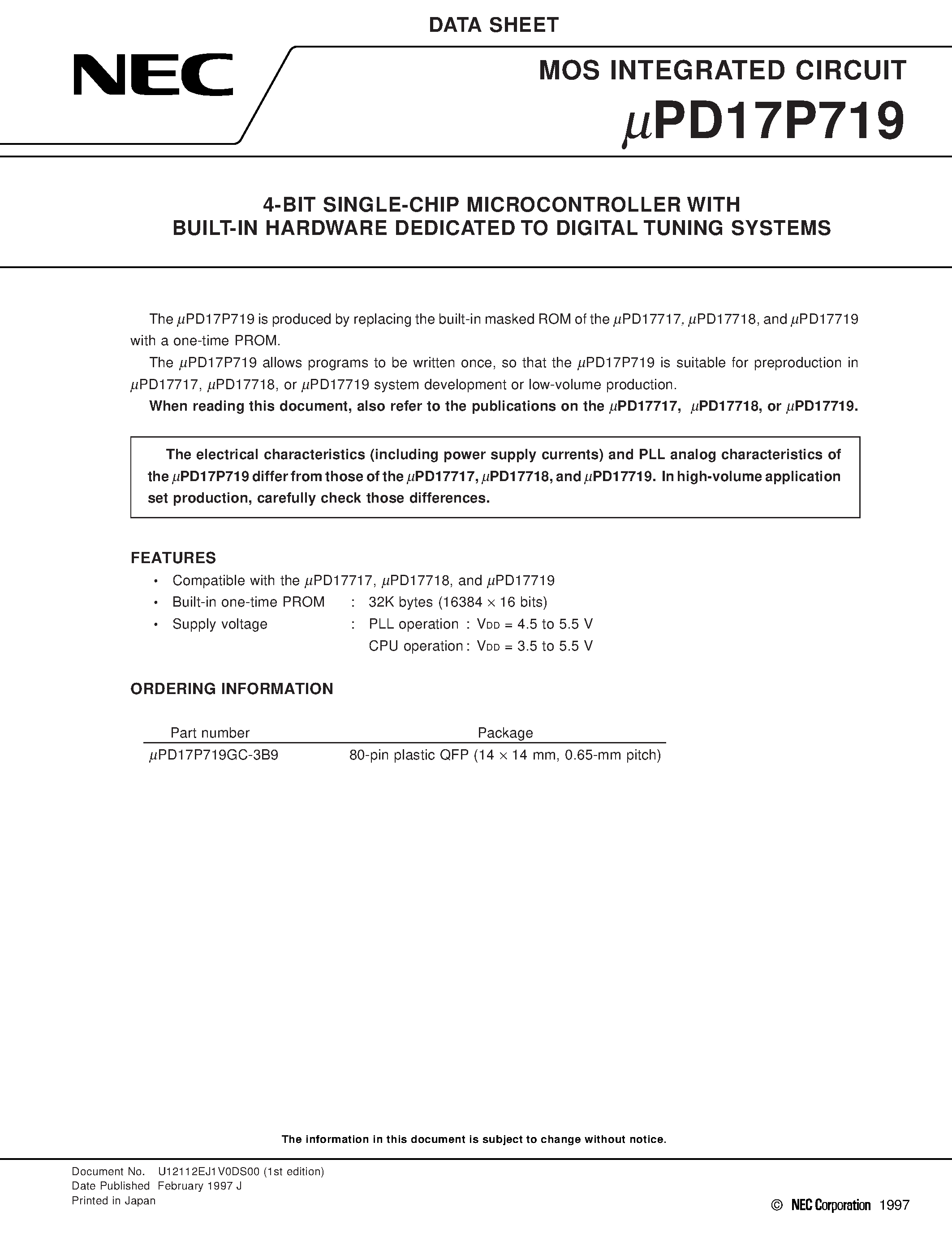 Datasheet UPD17P719 - 4-BIT SINGLE-CHIP MICROCONTROLLER WITH BUILT-IN HARDWARE DEDICATED TO DIGITAL TUNING SYSTEMS page 1