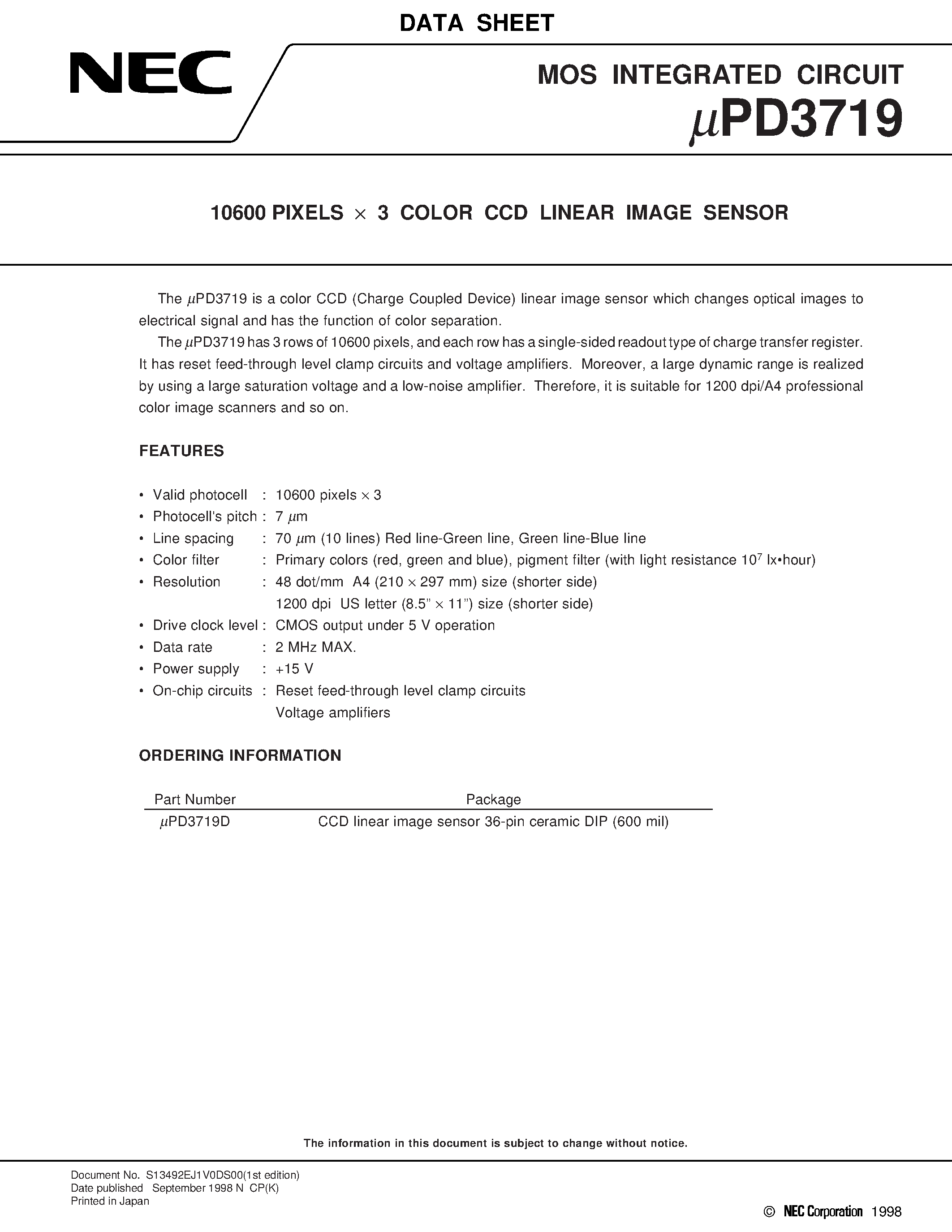 Даташит UPD3719D - 10600 PIXELS x 3 COLOR CCD LINEAR IMAGE SENSOR страница 1