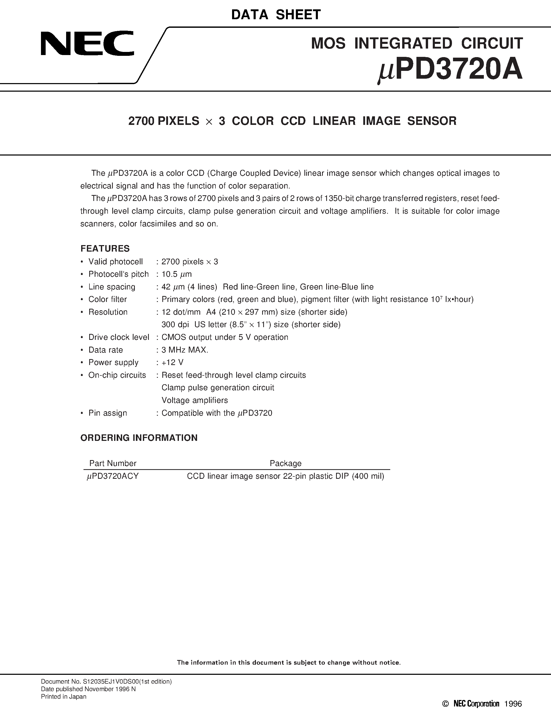Даташит UPD3720A - 2700 PIXELS x 3 COLOR CCD LINEAR IMAGE SENSOR страница 1