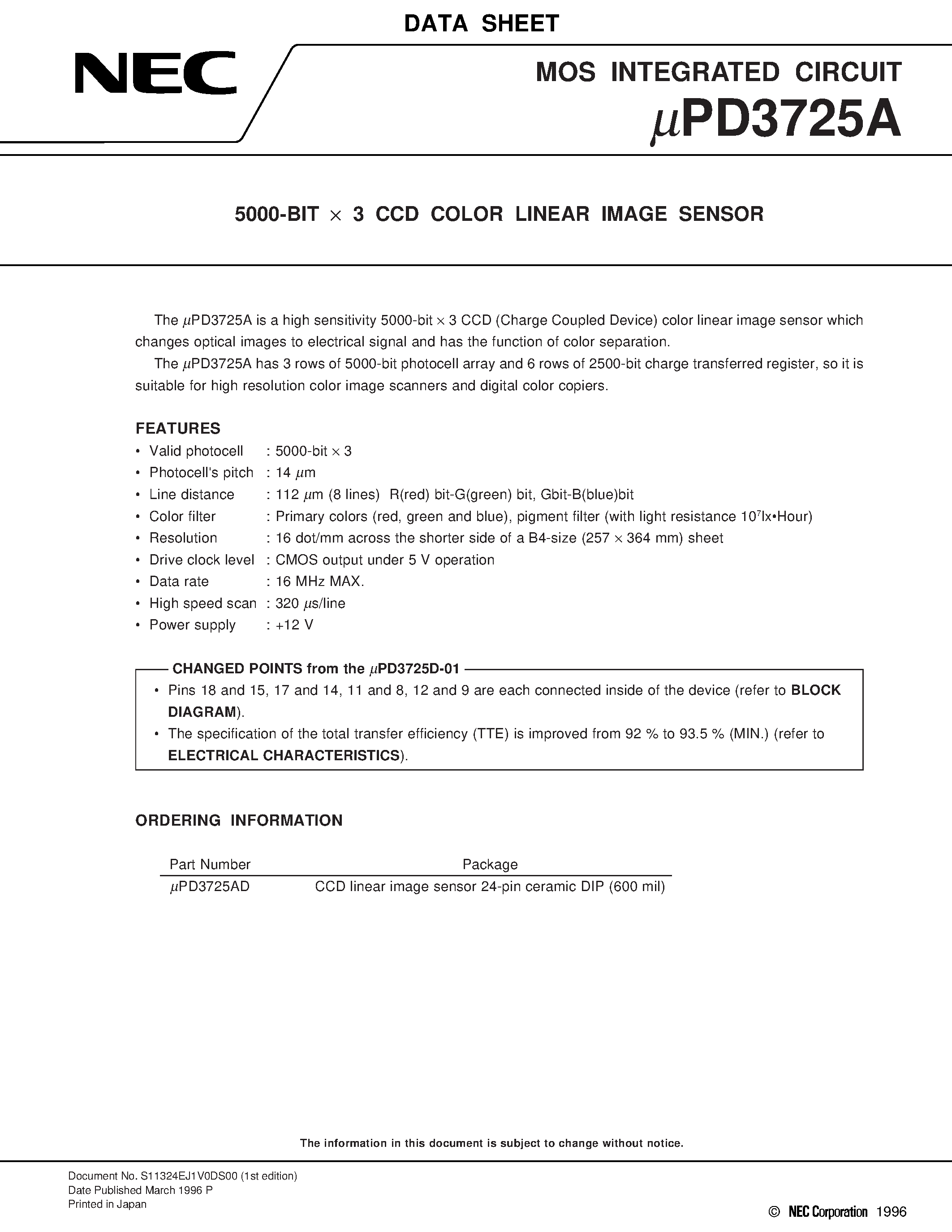 Даташит UPD3725AD - 5000-BIT x 3 CCD COLOR LINEAR IMAGE SENSOR страница 1