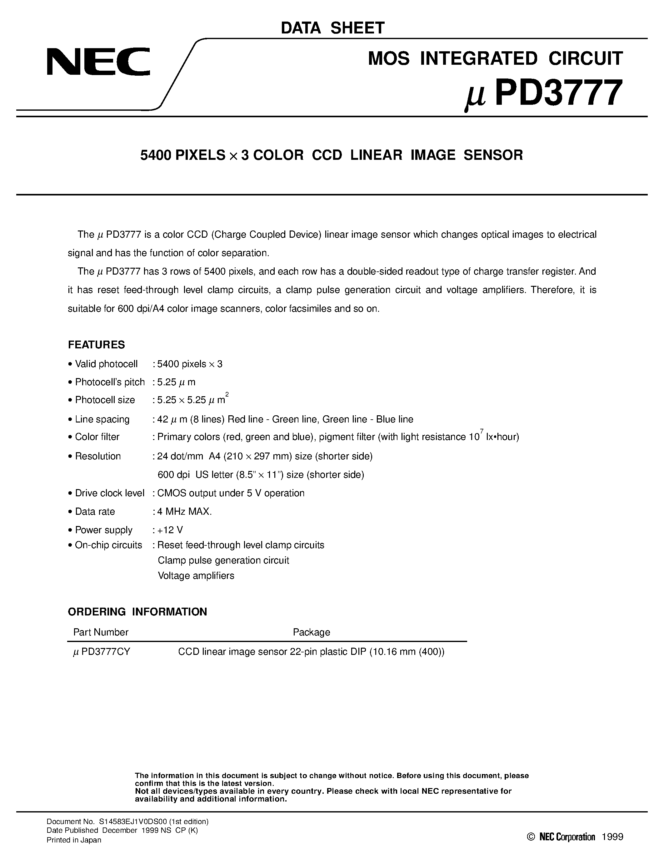 Даташит UPD3777 - 5400 PIXELS x 3 COLOR CCD LINEAR IMAGE SENSOR страница 1