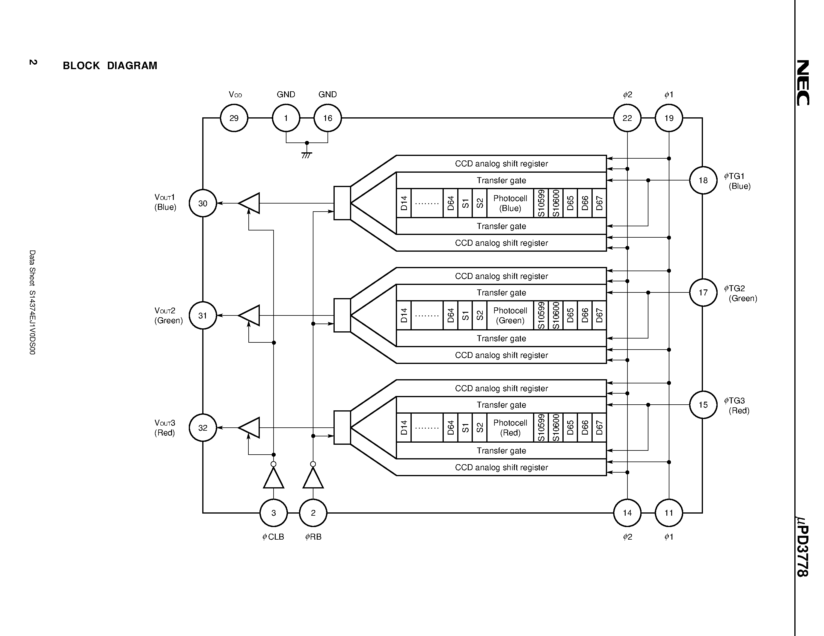 Даташит UPD3778 - 10600 PIXELS x 3 COLOR CCD LINEAR IMAGE SENSOR страница 2