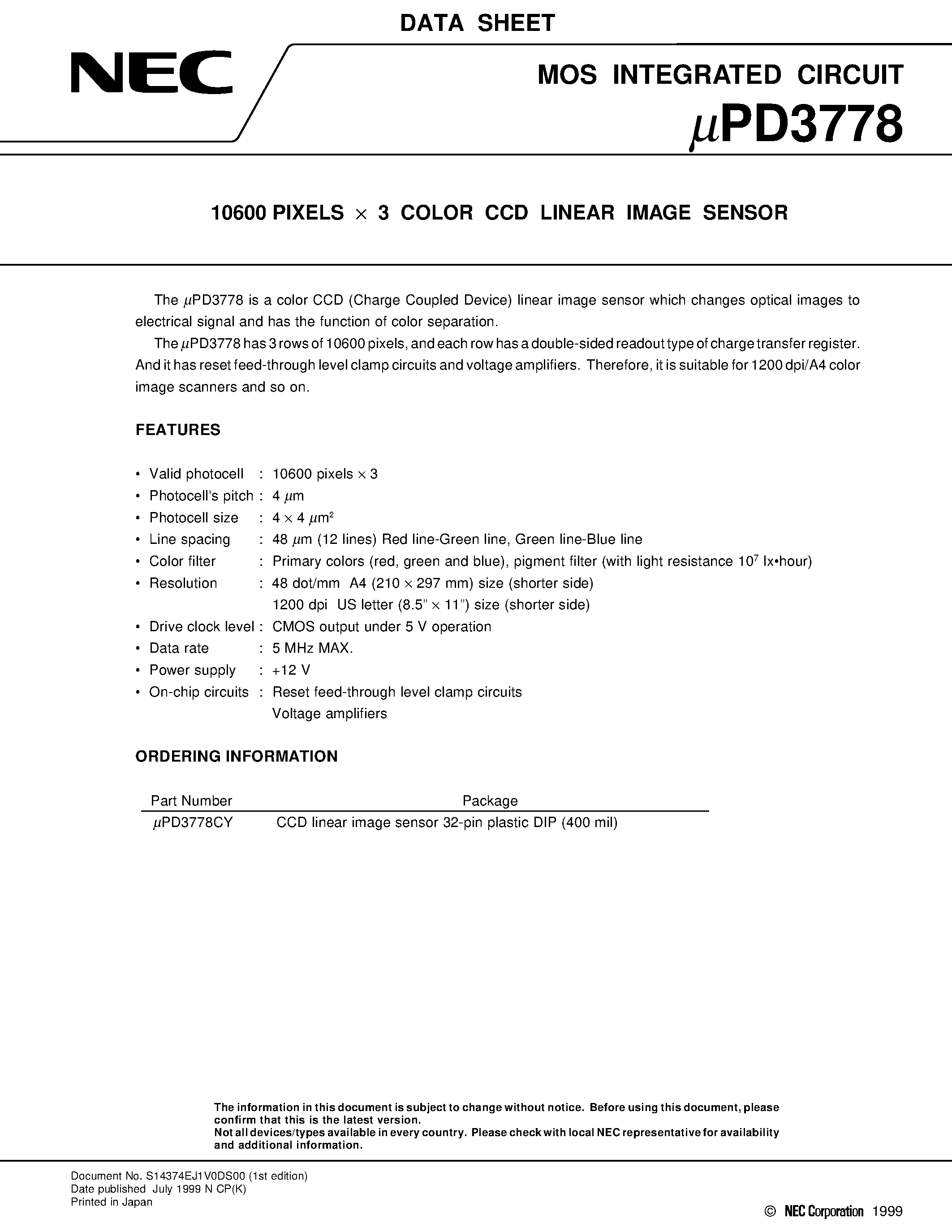Даташит UPD3778CY - 10600 PIXELS x 3 COLOR CCD LINEAR IMAGE SENSOR страница 1