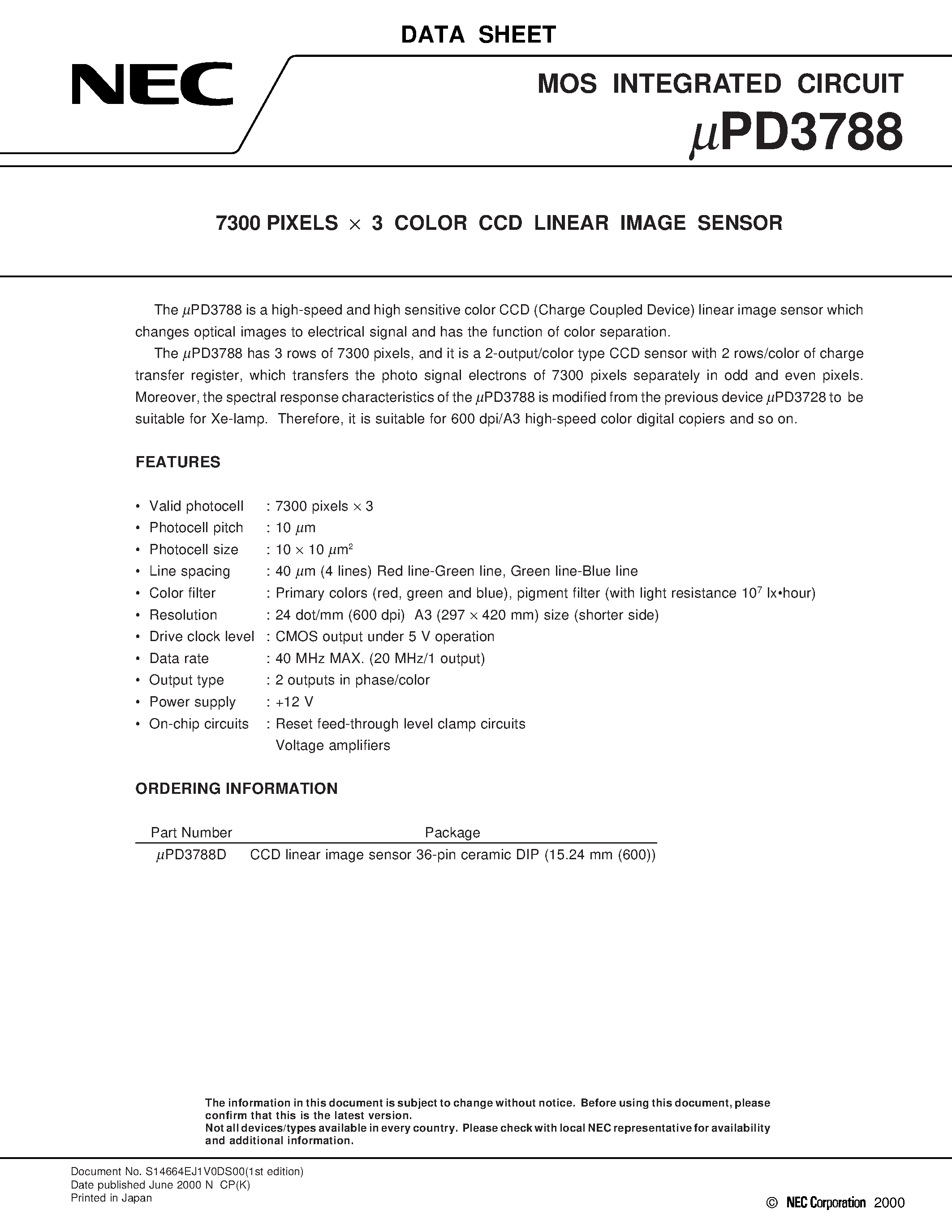 Даташит UPD3788 - 7300 PIXELS x 3 COLOR CCD LINEAR IMAGE SENSOR страница 1