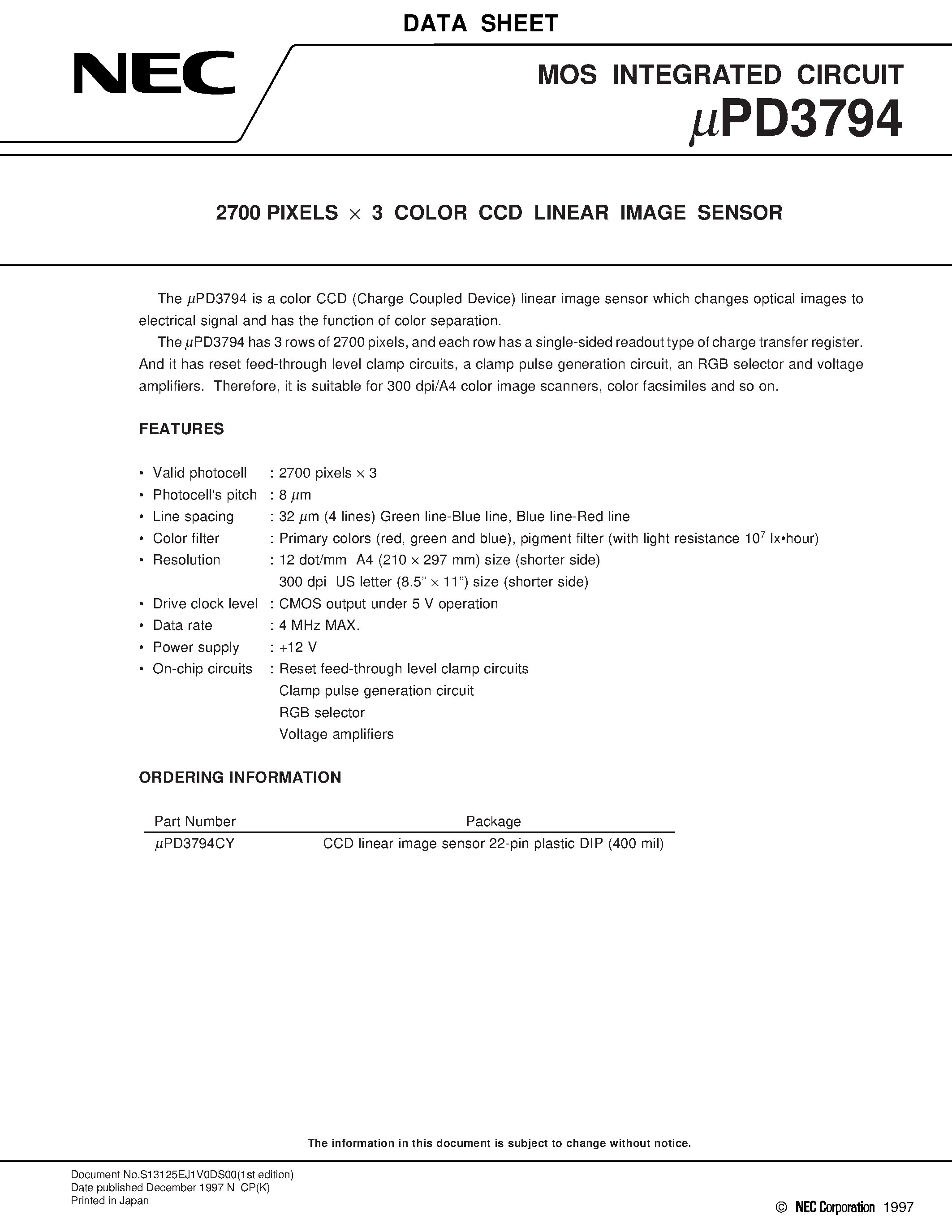Даташит UPD3794CY - 2700 PIXELS x 3 COLOR CCD LINEAR IMAGE SENSOR страница 1