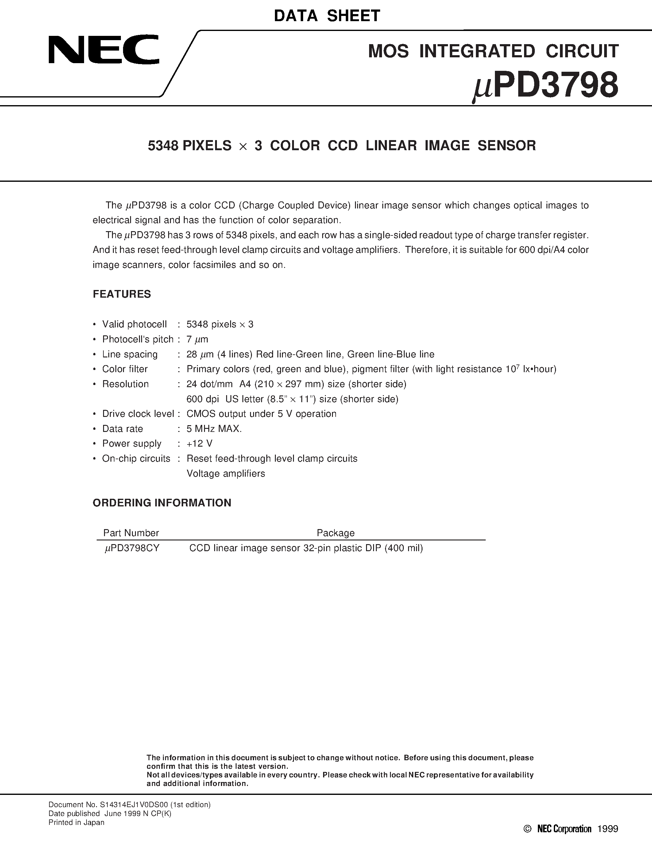Даташит UPD3798 - 5348 PIXELS x 3 COLOR CCD LINEAR IMAGE SENSOR страница 1