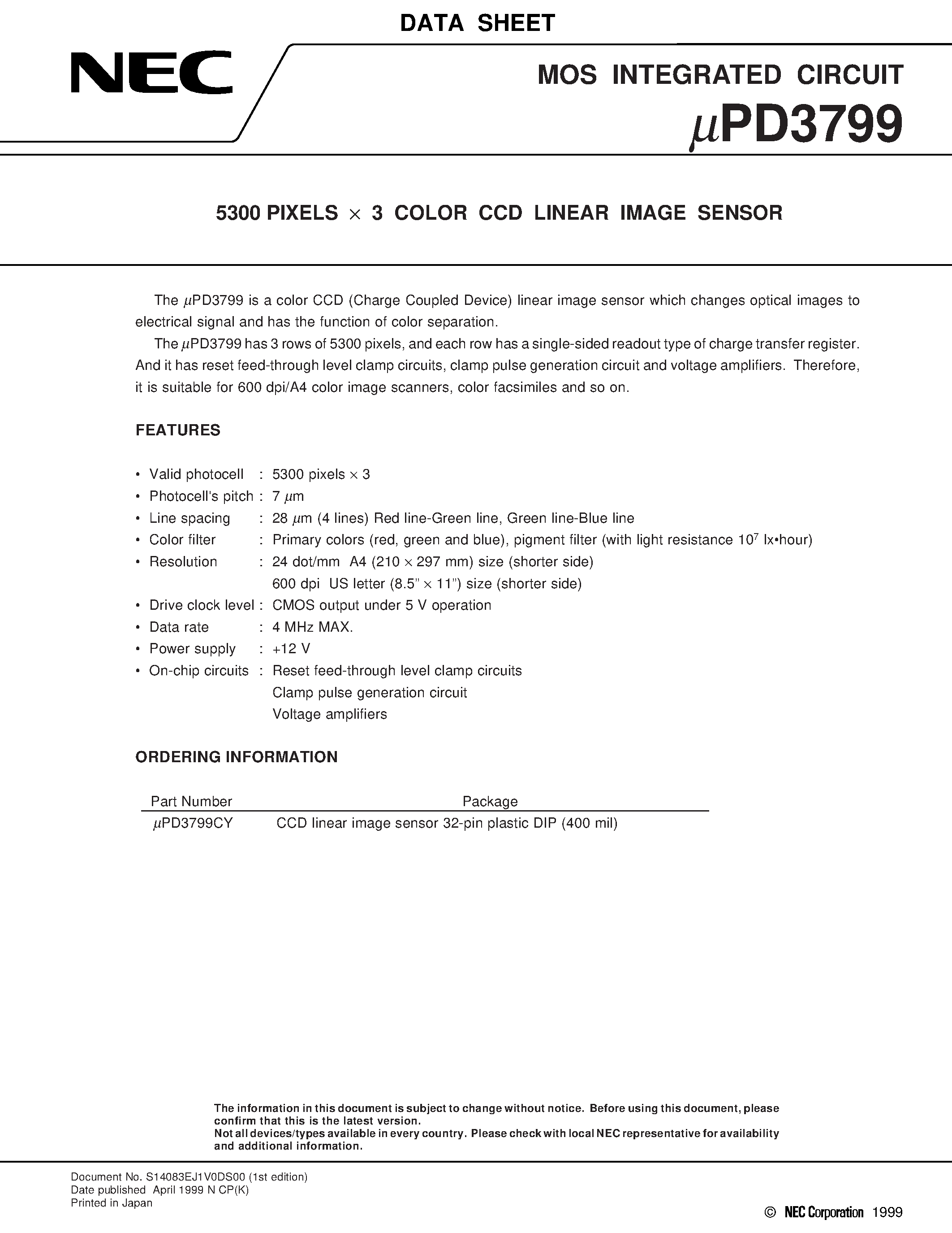 Даташит UPD3799 - 5300 PIXELS x 3 COLOR CCD LINEAR IMAGE SENSOR страница 1