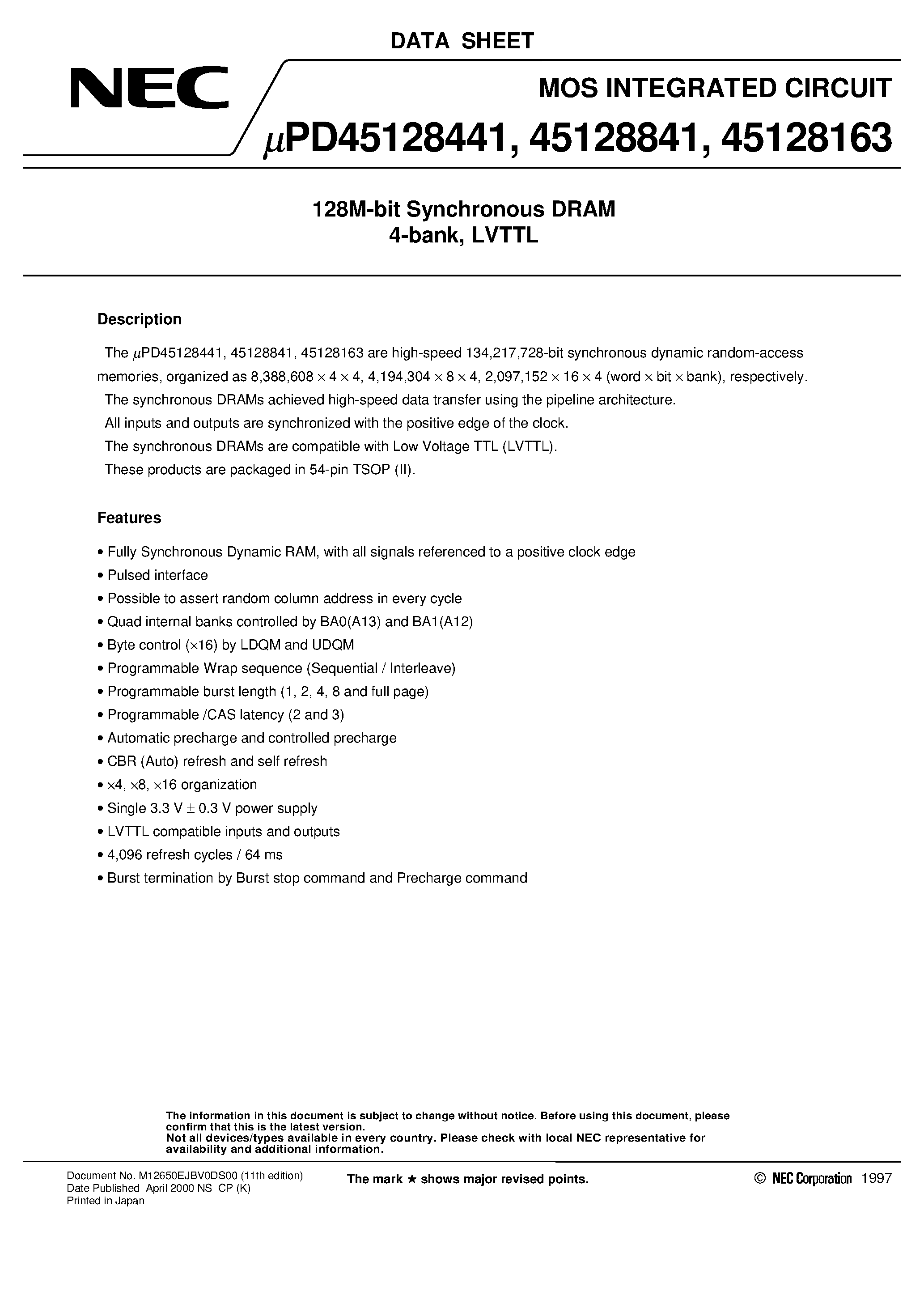 Datasheet UPD45128163G5-A10 - 128M-bit Synchronous DRAM 4-bank/ LVTTL page 1