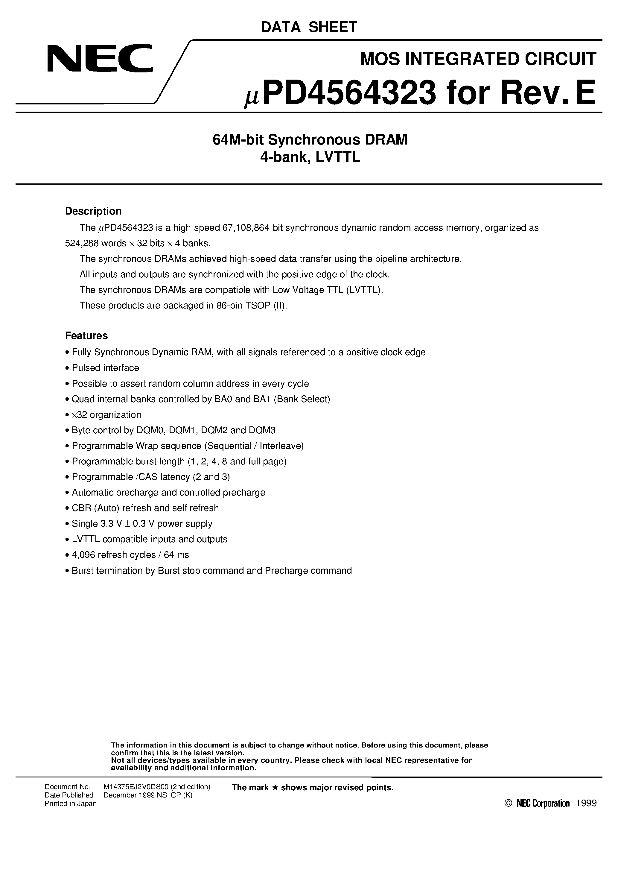 Datasheet UPD4564323 - 64M-bit Synchronous DRAM 4-bank/ LVTTL page 1