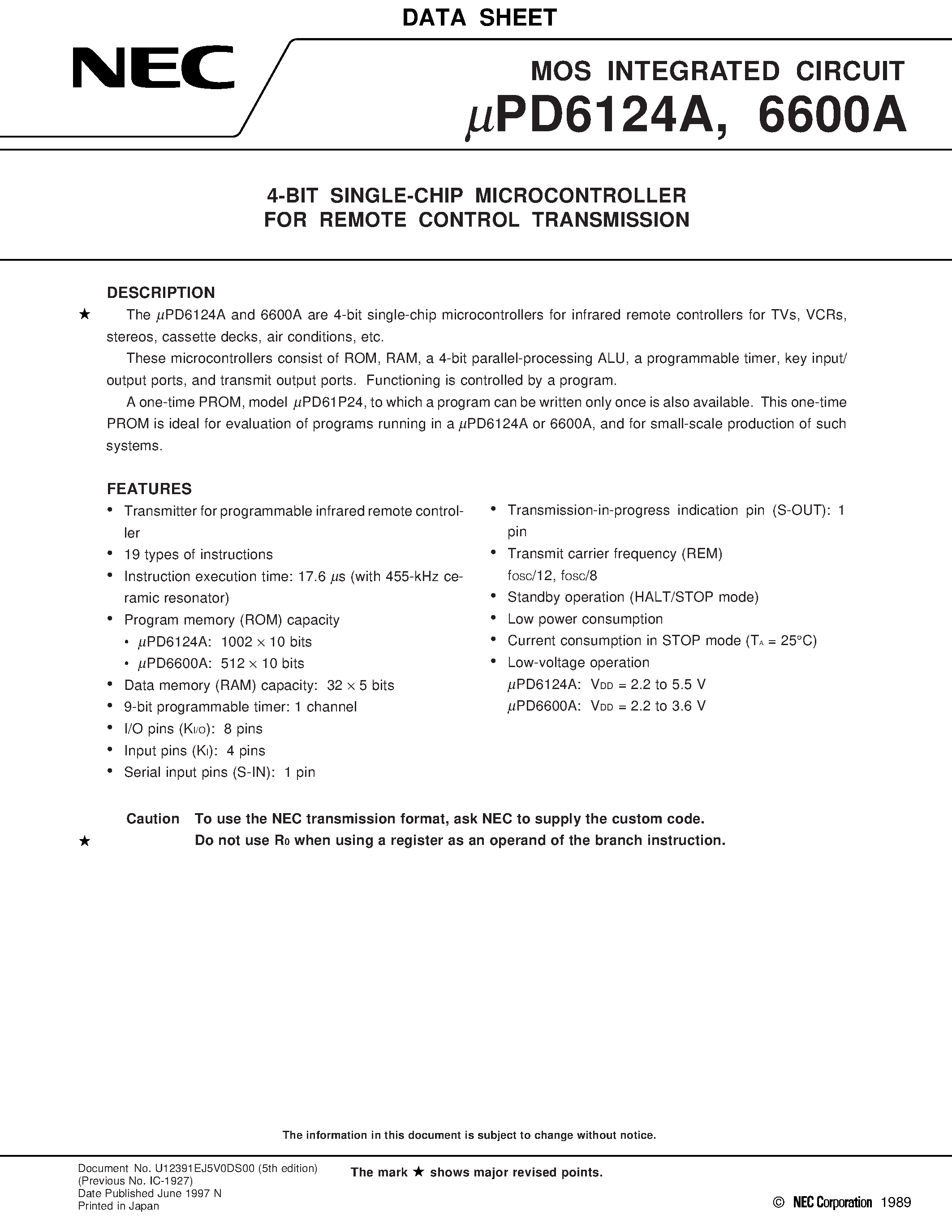 Datasheet UPD6124A - 4-BIT SINGLE-CHIP MICROCONTROLLER FOR REMOTE CONTROL TRANSMISSION page 1