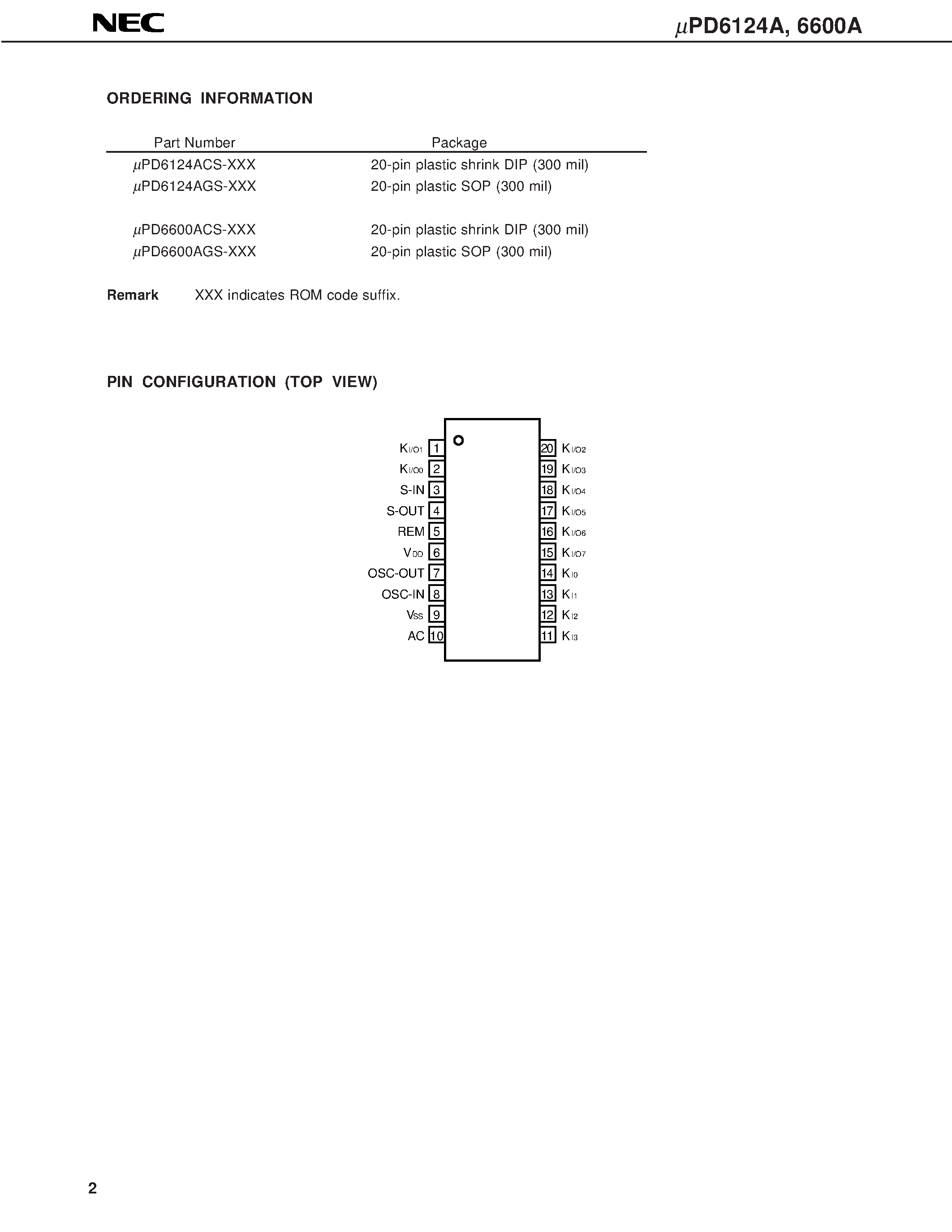 Datasheet UPD6124A - 4-BIT SINGLE-CHIP MICROCONTROLLER FOR REMOTE CONTROL TRANSMISSION page 2