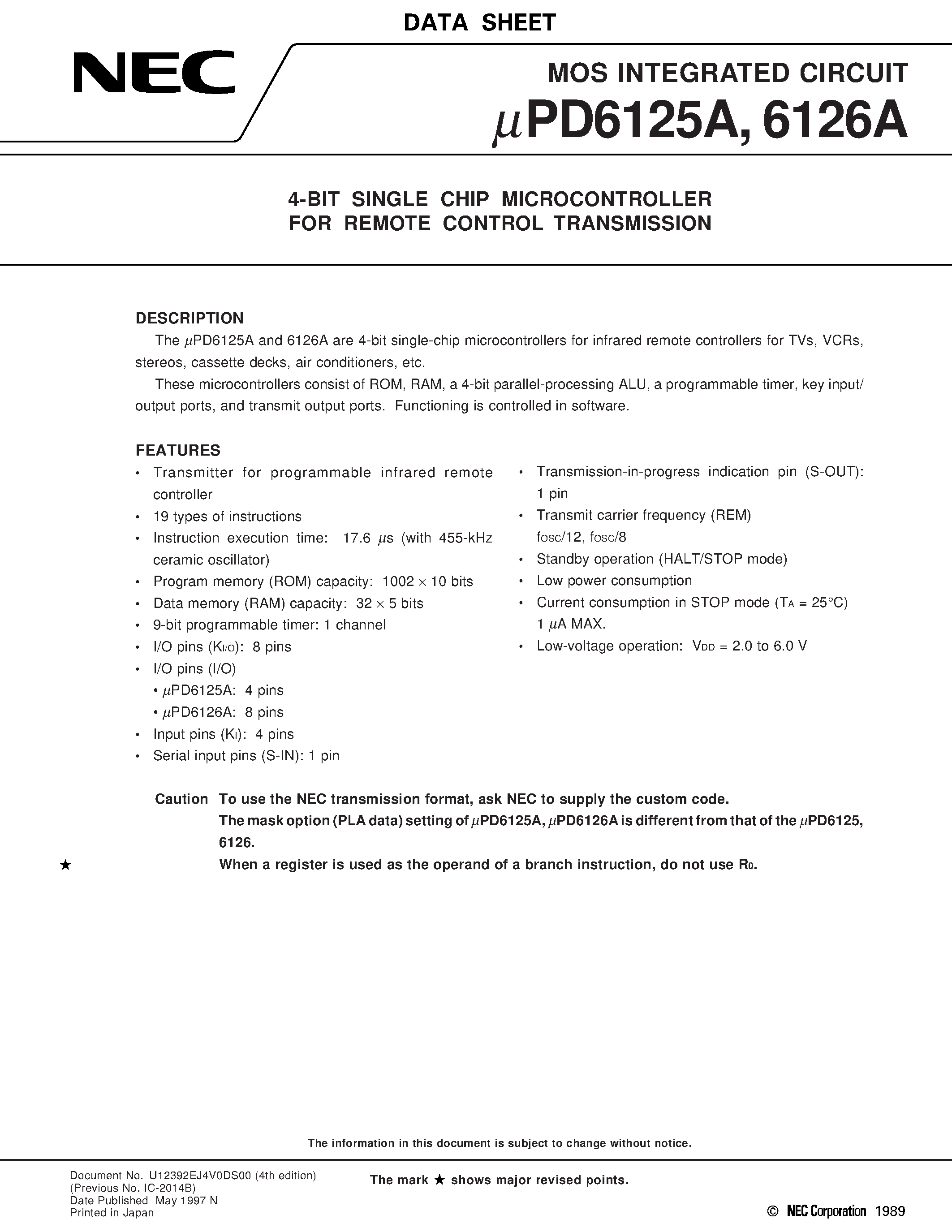 Datasheet UPD6125A - 4-BIT SINGLE CHIP MICROCONTROLLER FOR REMOTE CONTROL TRANSMISSION page 1