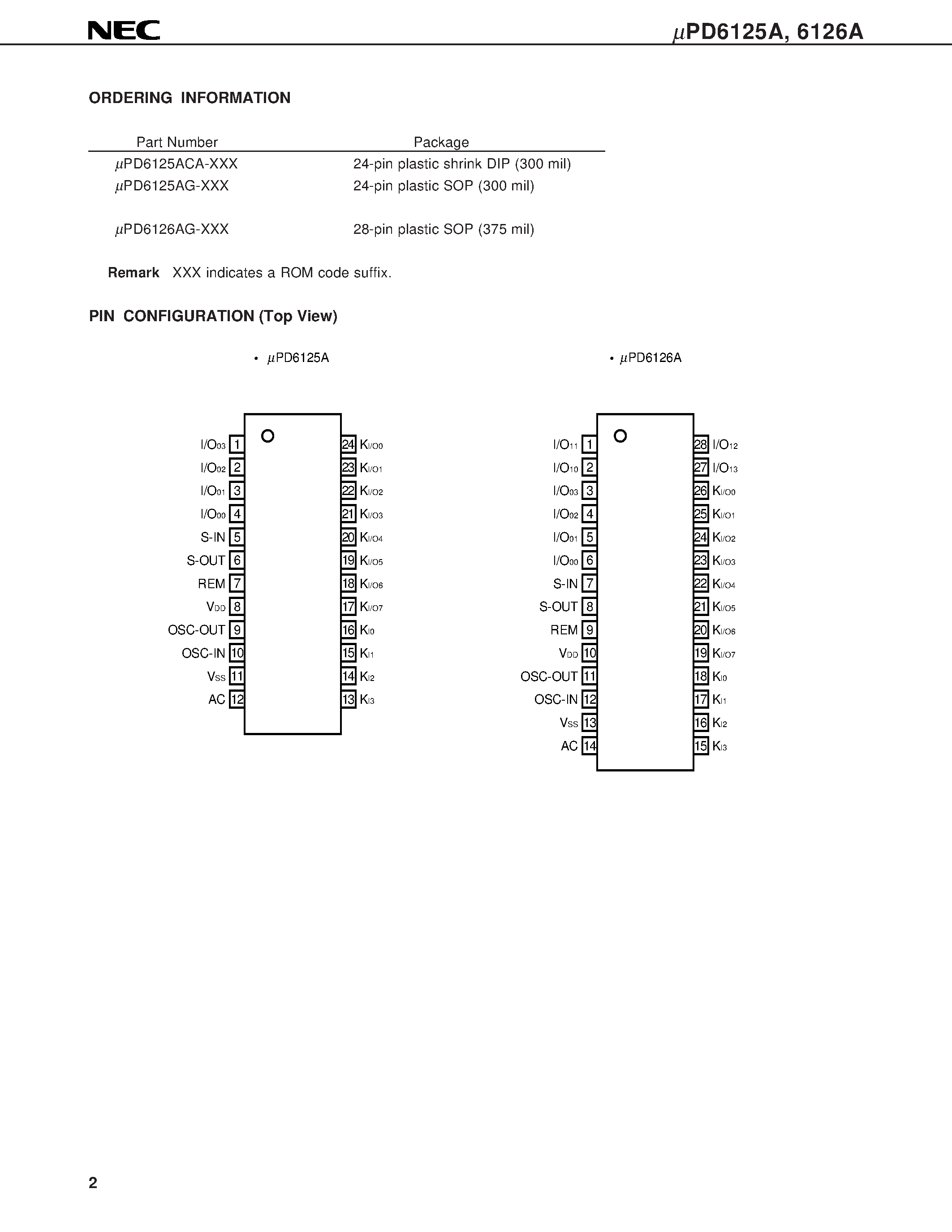 Datasheet UPD6125A - 4-BIT SINGLE CHIP MICROCONTROLLER FOR REMOTE CONTROL TRANSMISSION page 2