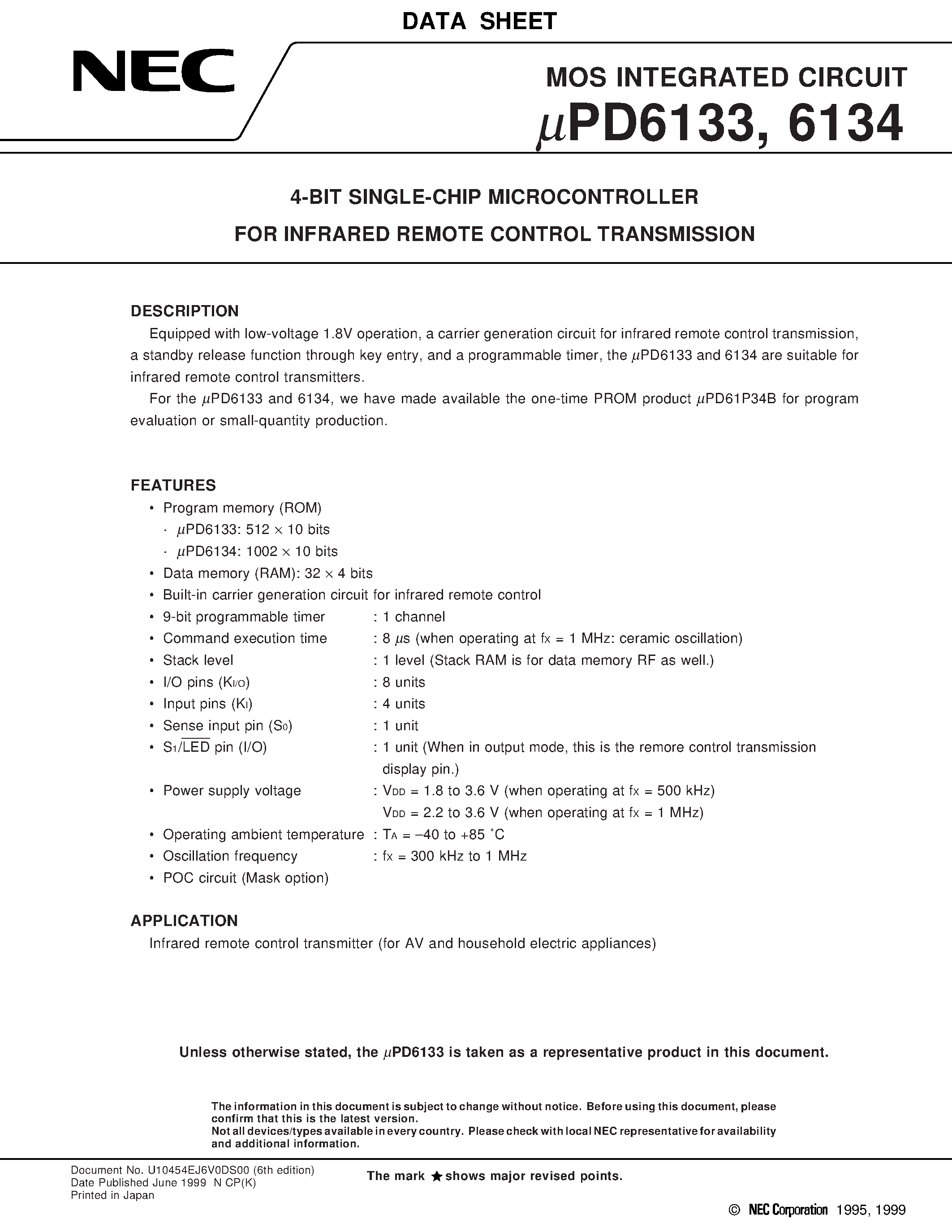 Datasheet UPD6133 - 4-BIT SINGLE-CHIP MICROCONTROLLER FOR INFRARED REMOTE CONTROL TRANSMISSION page 1