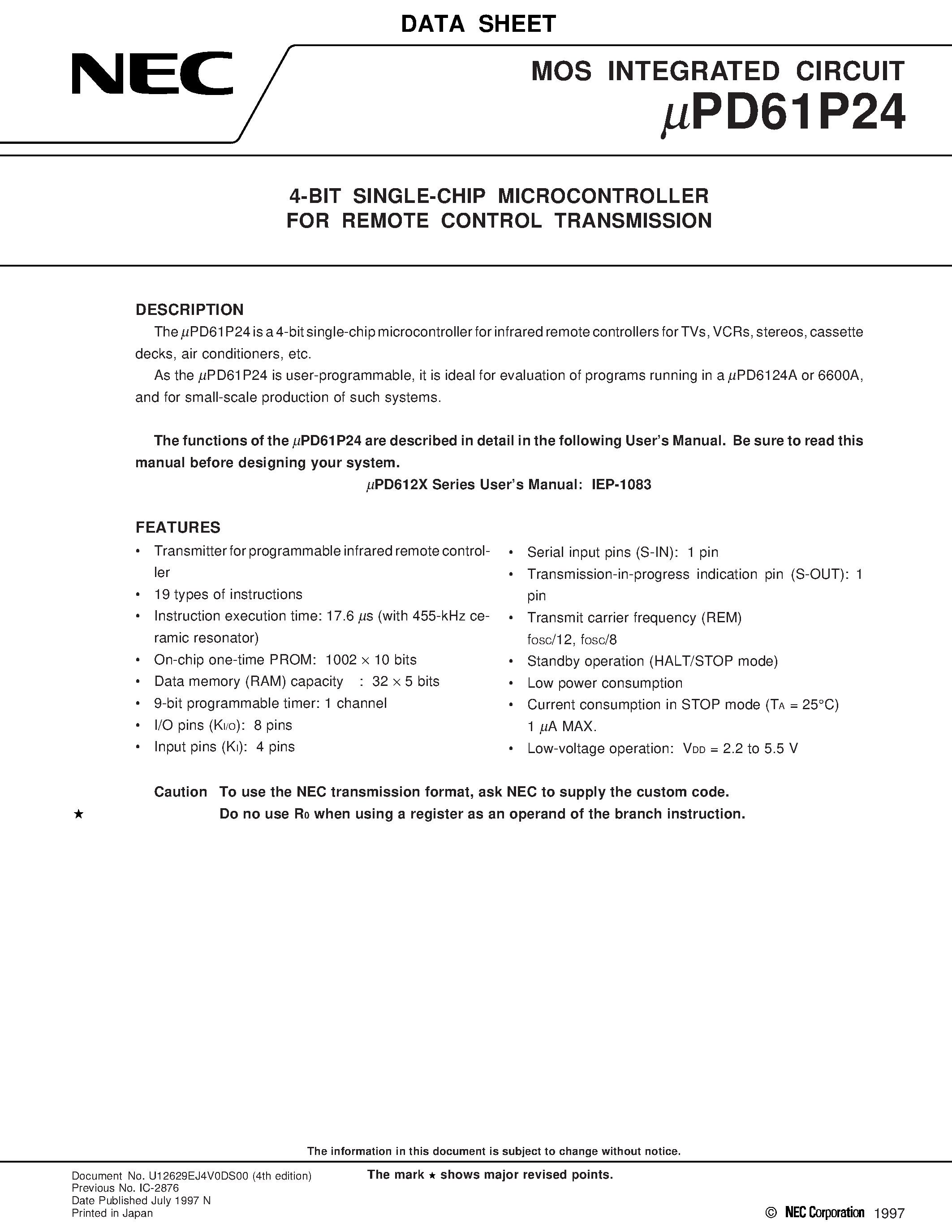 Datasheet UPD61P24CS - 4-BIT SINGLE-CHIP MICROCONTROLLER FOR REMOTE CONTROL TRANSMISSION page 1