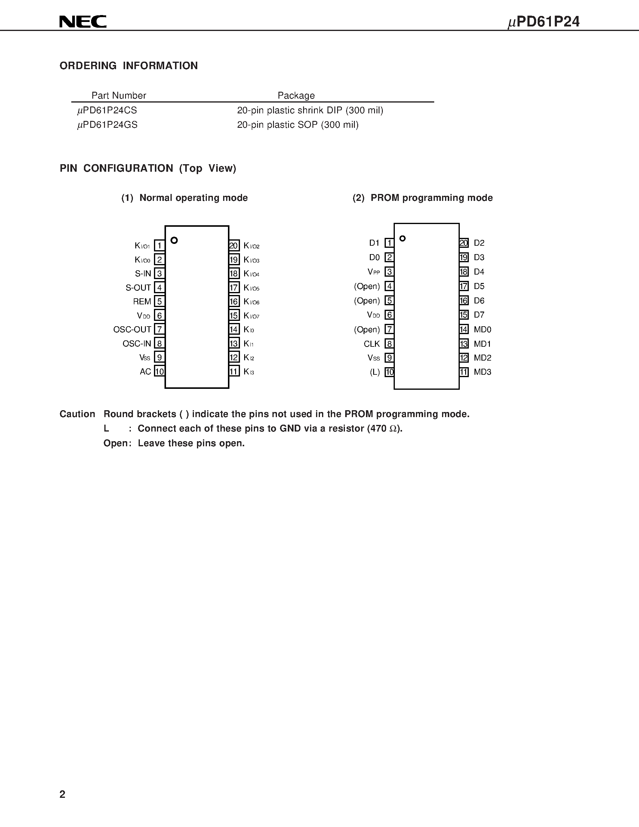 Datasheet UPD61P24CS - 4-BIT SINGLE-CHIP MICROCONTROLLER FOR REMOTE CONTROL TRANSMISSION page 2