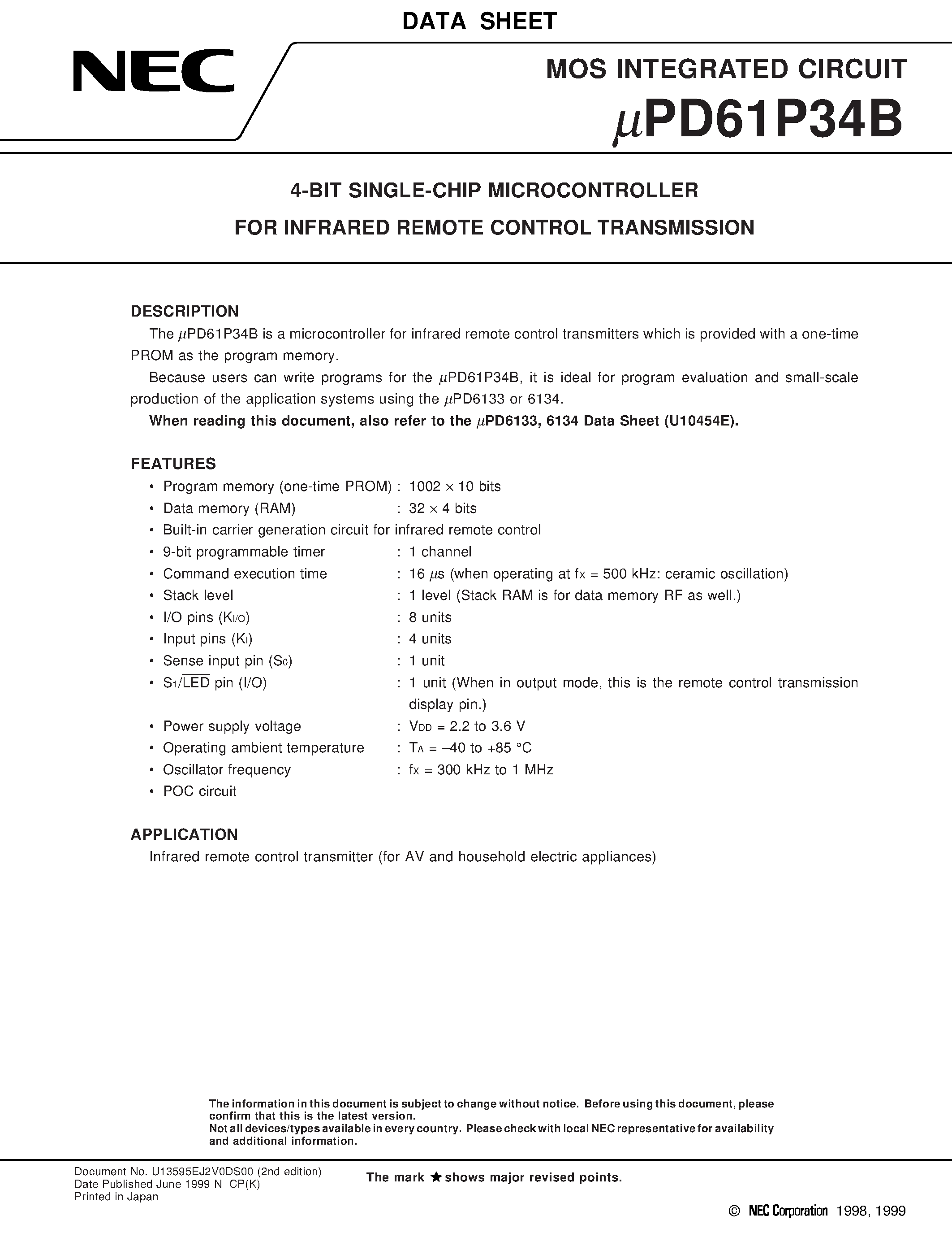 Datasheet UPD61P34B - 4-BIT SINGLE-CHIP MICROCONTROLLER FOR INFRARED REMOTE CONTROL TRANSMISSION page 1