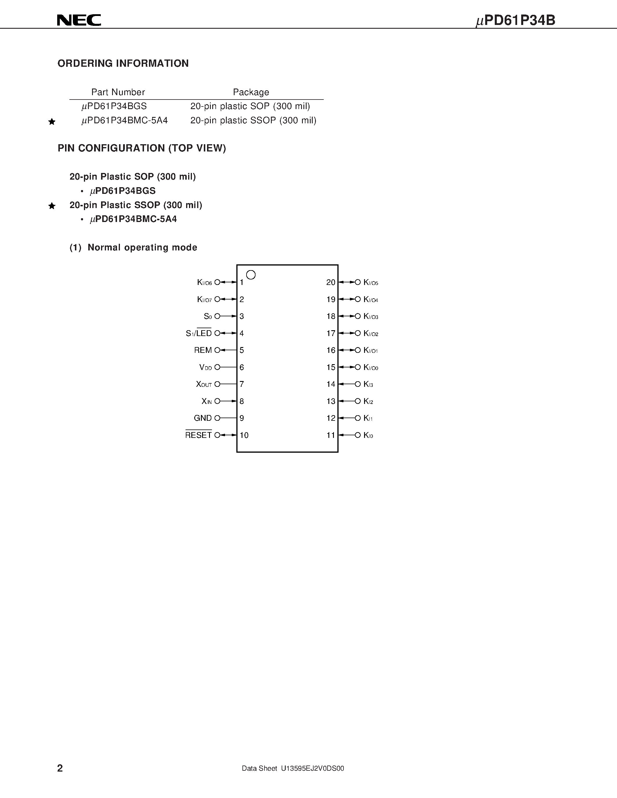 Datasheet UPD61P34B - 4-BIT SINGLE-CHIP MICROCONTROLLER FOR INFRARED REMOTE CONTROL TRANSMISSION page 2