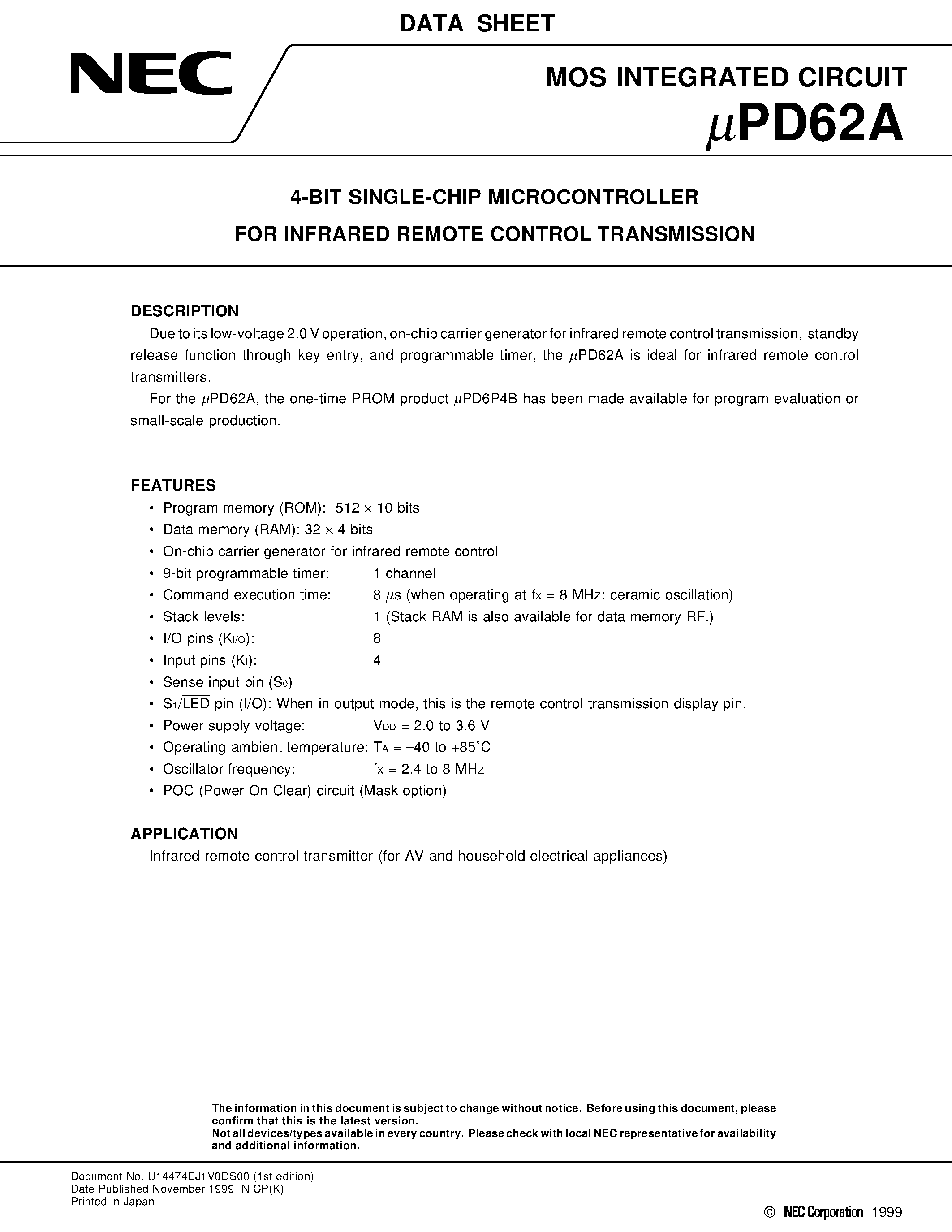 Datasheet UPD62AMC - 4-BIT SINGLE-CHIP MICROCONTROLLER FOR INFRARED REMOTE CONTROL TRANSMISSION page 1