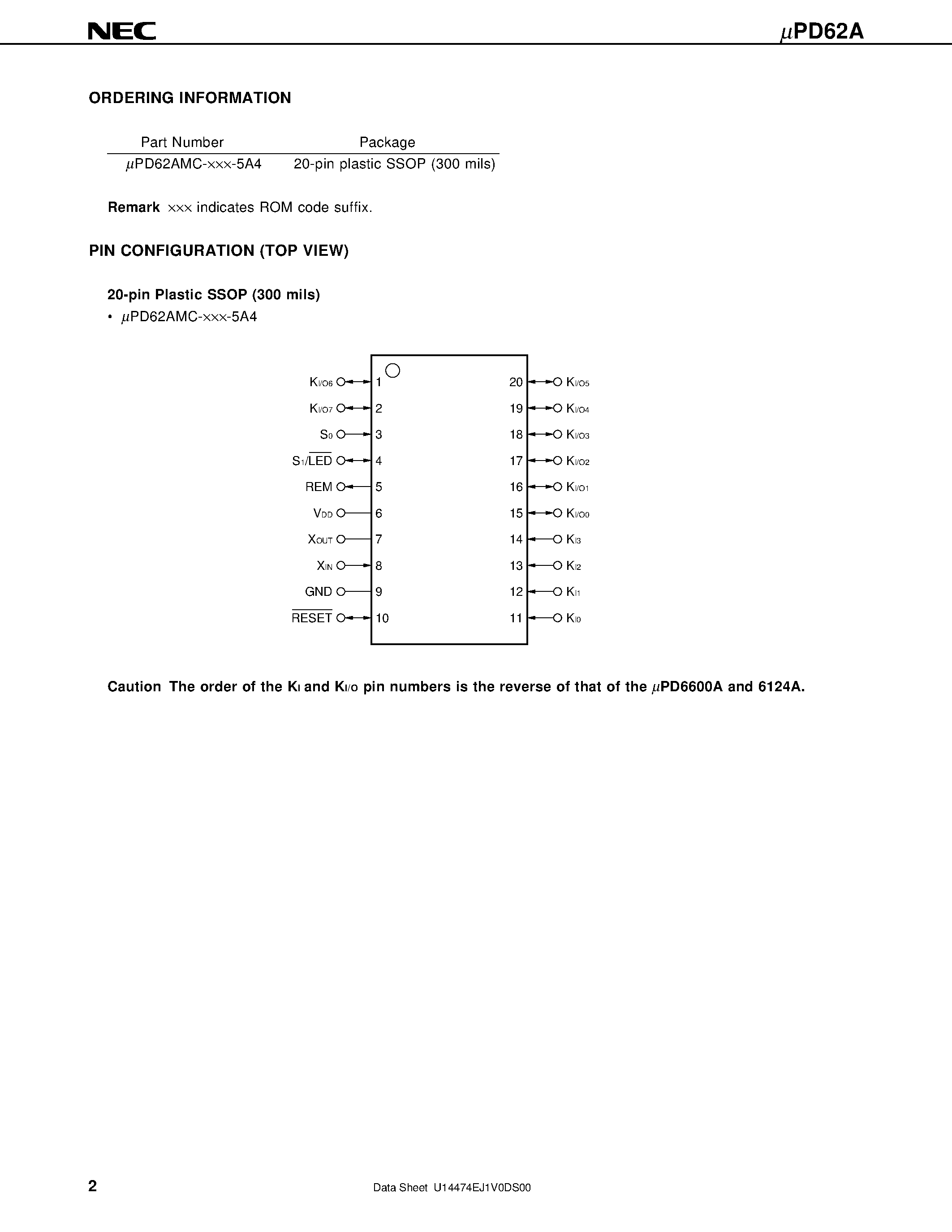 Datasheet UPD62AMC - 4-BIT SINGLE-CHIP MICROCONTROLLER FOR INFRARED REMOTE CONTROL TRANSMISSION page 2