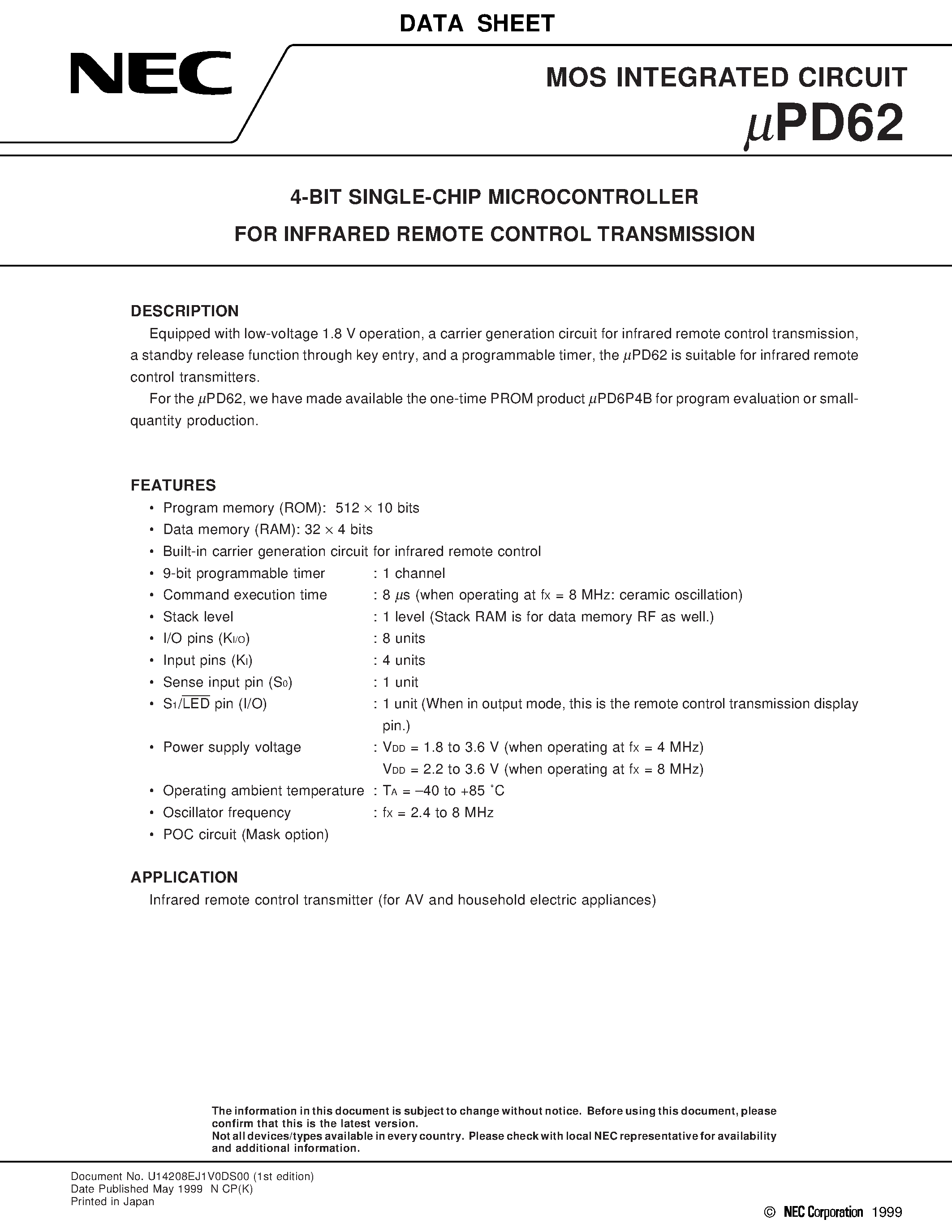 Datasheet UPD62MC - 4-BIT SINGLE-CHIP MICROCONTROLLER FOR INFRARED REMOTE CONTROL TRANSMISSION page 1