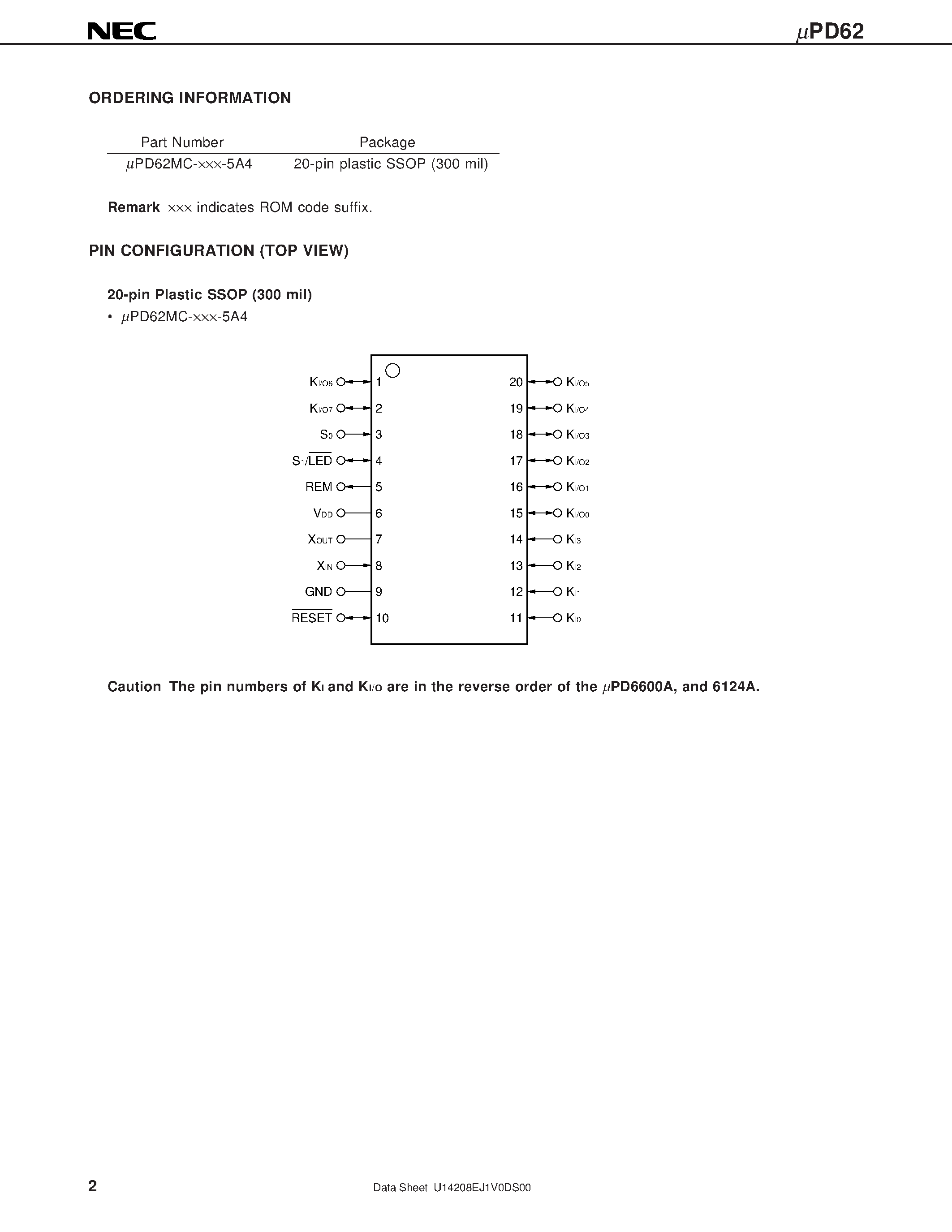 Datasheet UPD62MC - 4-BIT SINGLE-CHIP MICROCONTROLLER FOR INFRARED REMOTE CONTROL TRANSMISSION page 2