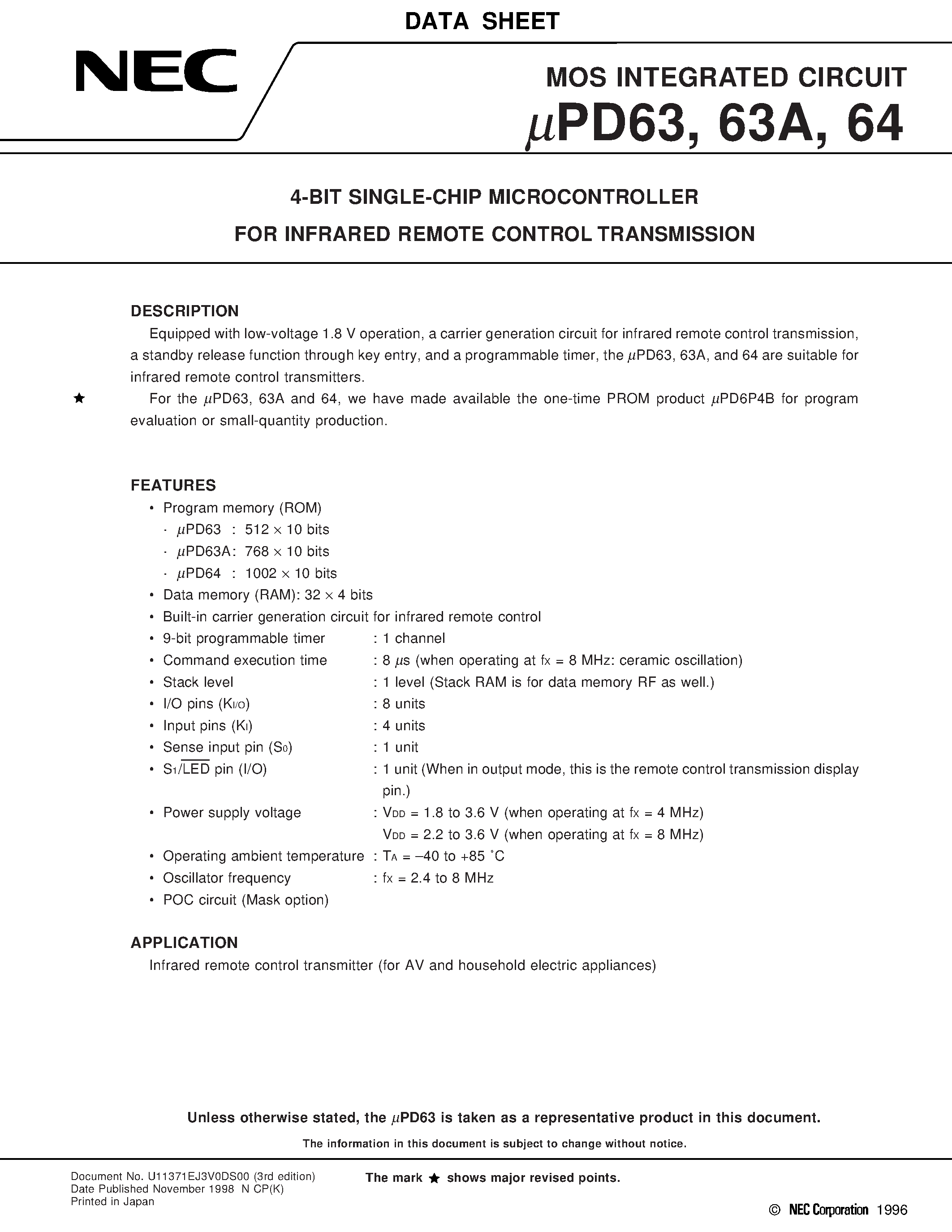 Datasheet UPD63 - 4-BIT SINGLE-CHIP MICROCONTROLLER FOR INFRARED REMOTE CONTROL TRANSMISSION page 1