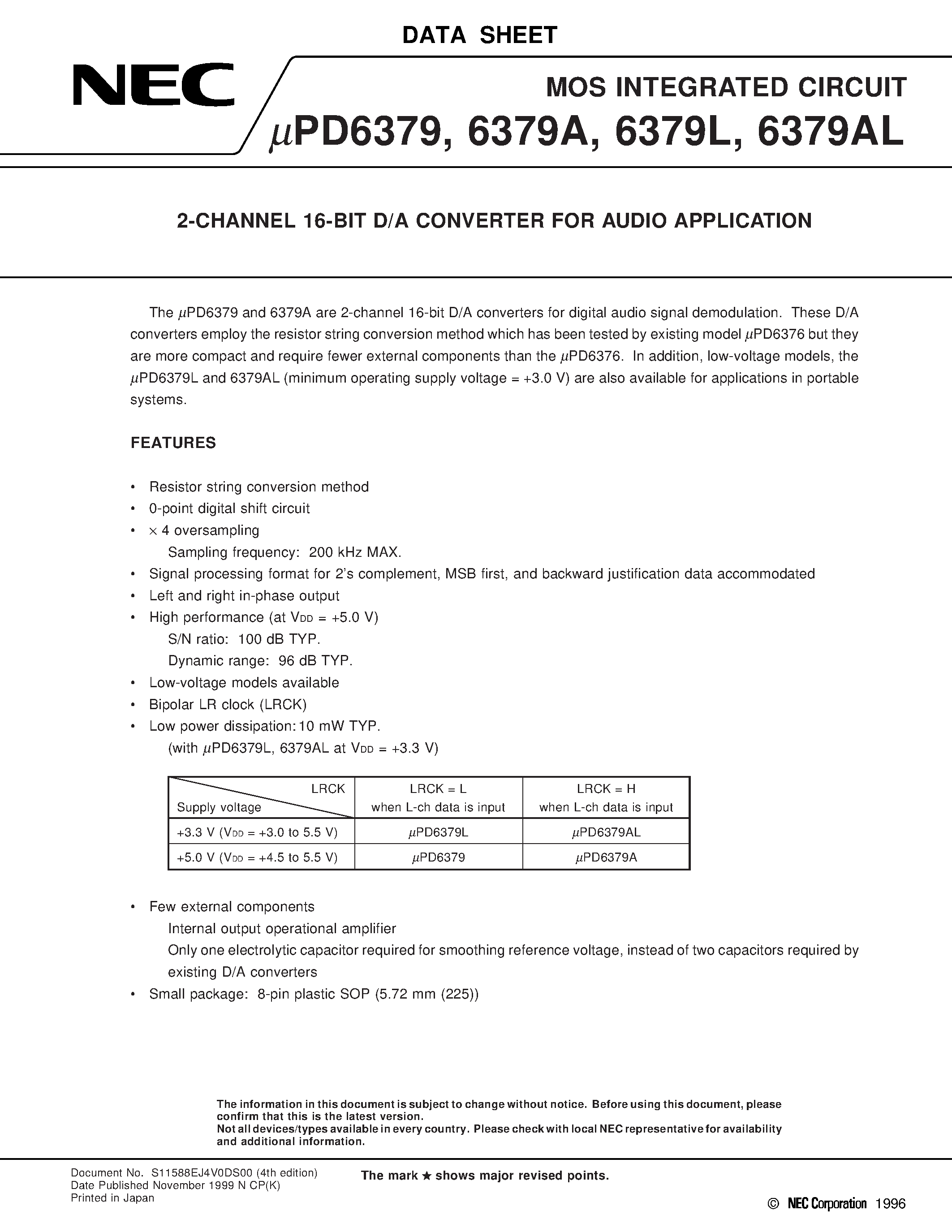 Datasheet UPD6379 - 2-CHANNEL 16-BIT D/A CONVERTER FOR AUDIO APPLICATION page 1