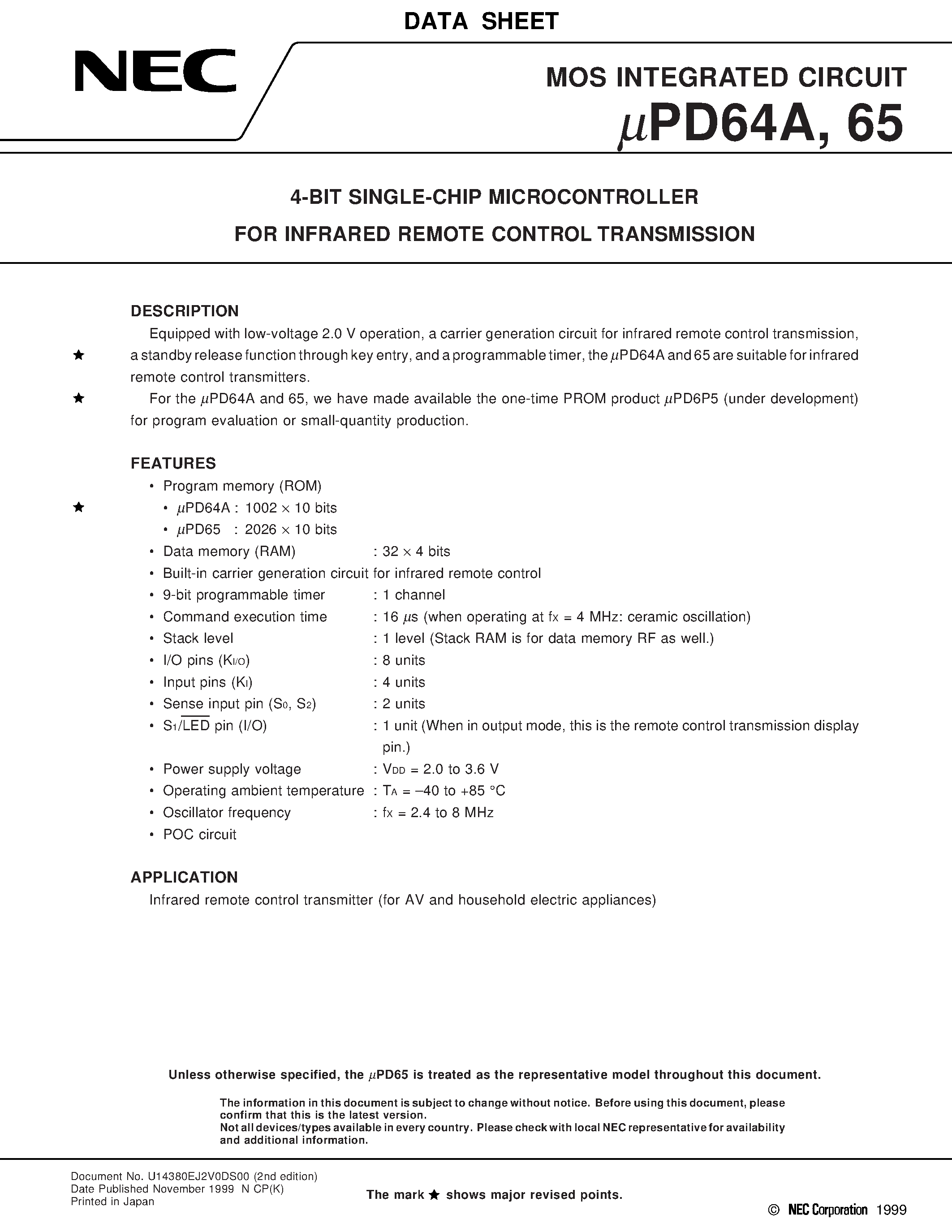 Datasheet UPD64A - 4-BIT SINGLE-CHIP MICROCONTROLLER FOR INFRARED REMOTE CONTROL TRANSMISSION page 1