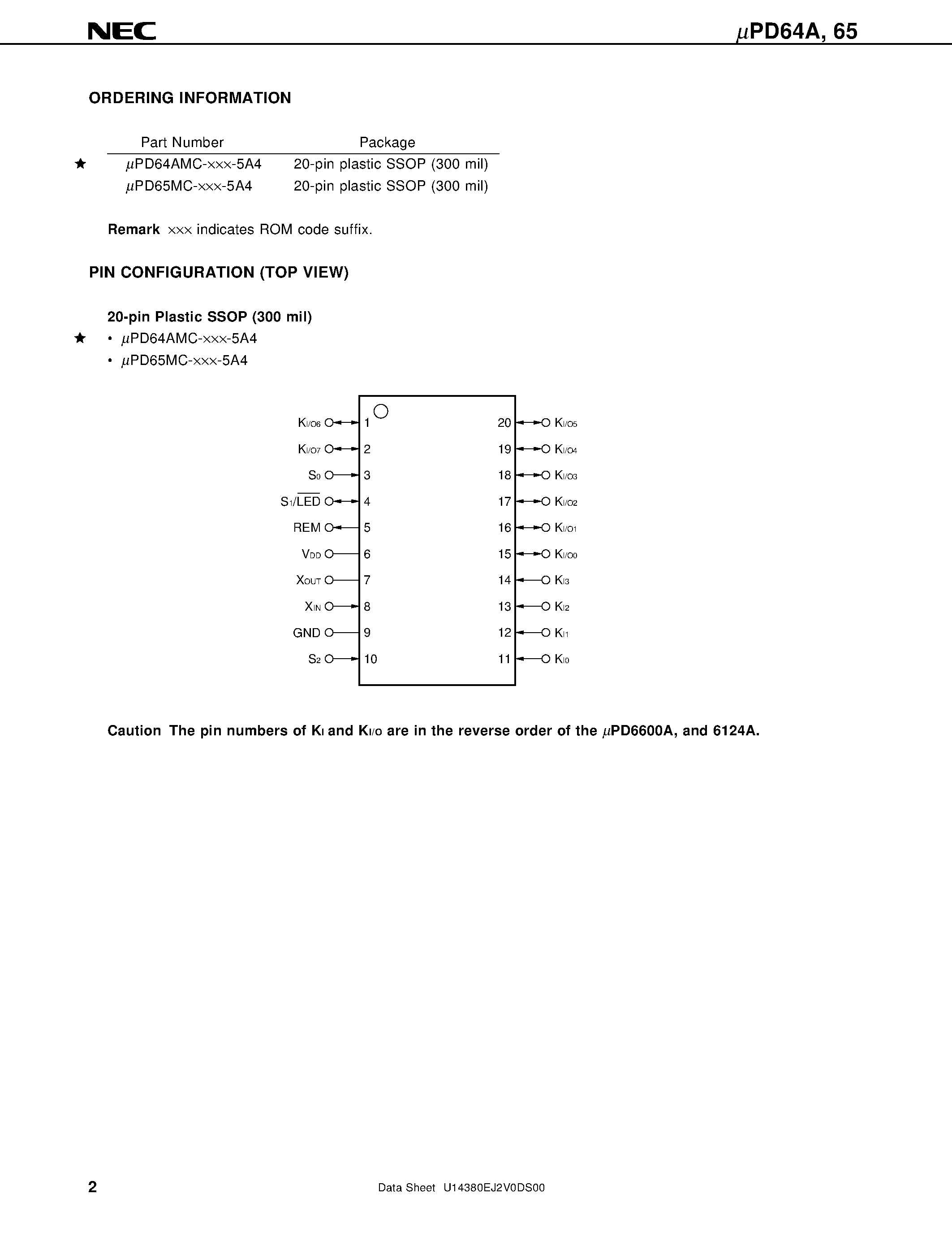 Datasheet UPD64A - 4-BIT SINGLE-CHIP MICROCONTROLLER FOR INFRARED REMOTE CONTROL TRANSMISSION page 2