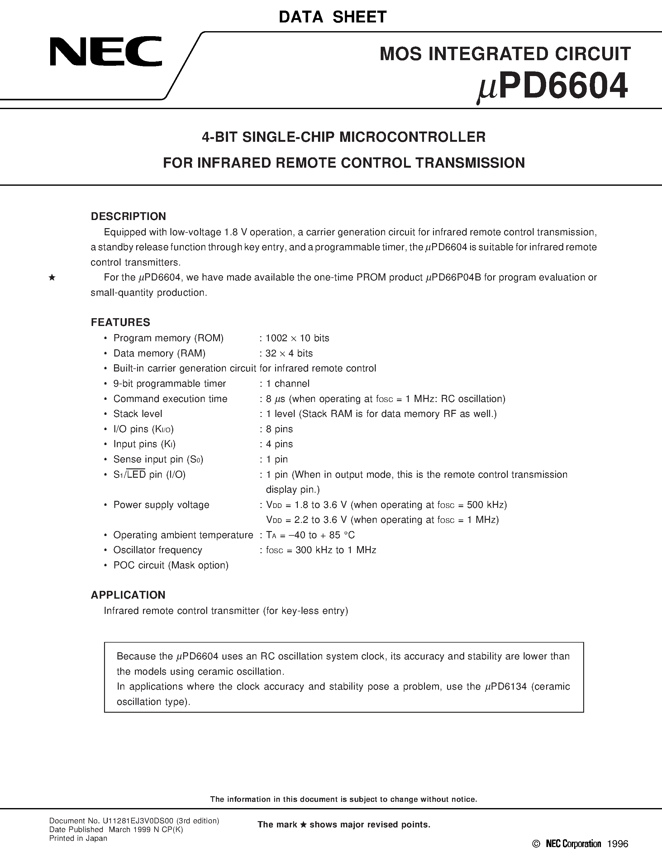 Datasheet UPD6604 - 4-BIT SINGLE-CHIP MICROCONTROLLER FOR INFRARED REMOTE CONTROL TRANSMISSION page 1