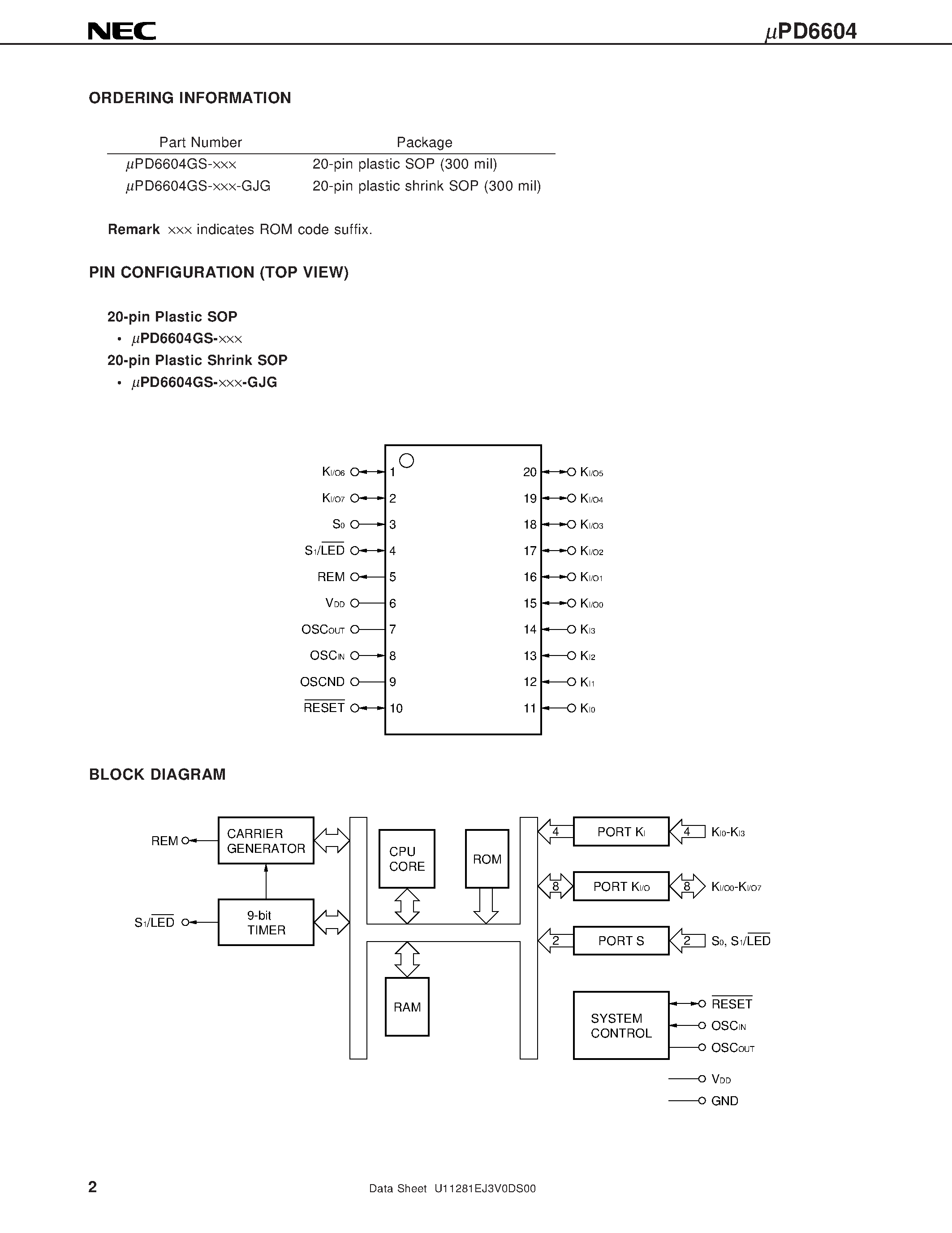 Datasheet UPD6604 - 4-BIT SINGLE-CHIP MICROCONTROLLER FOR INFRARED REMOTE CONTROL TRANSMISSION page 2