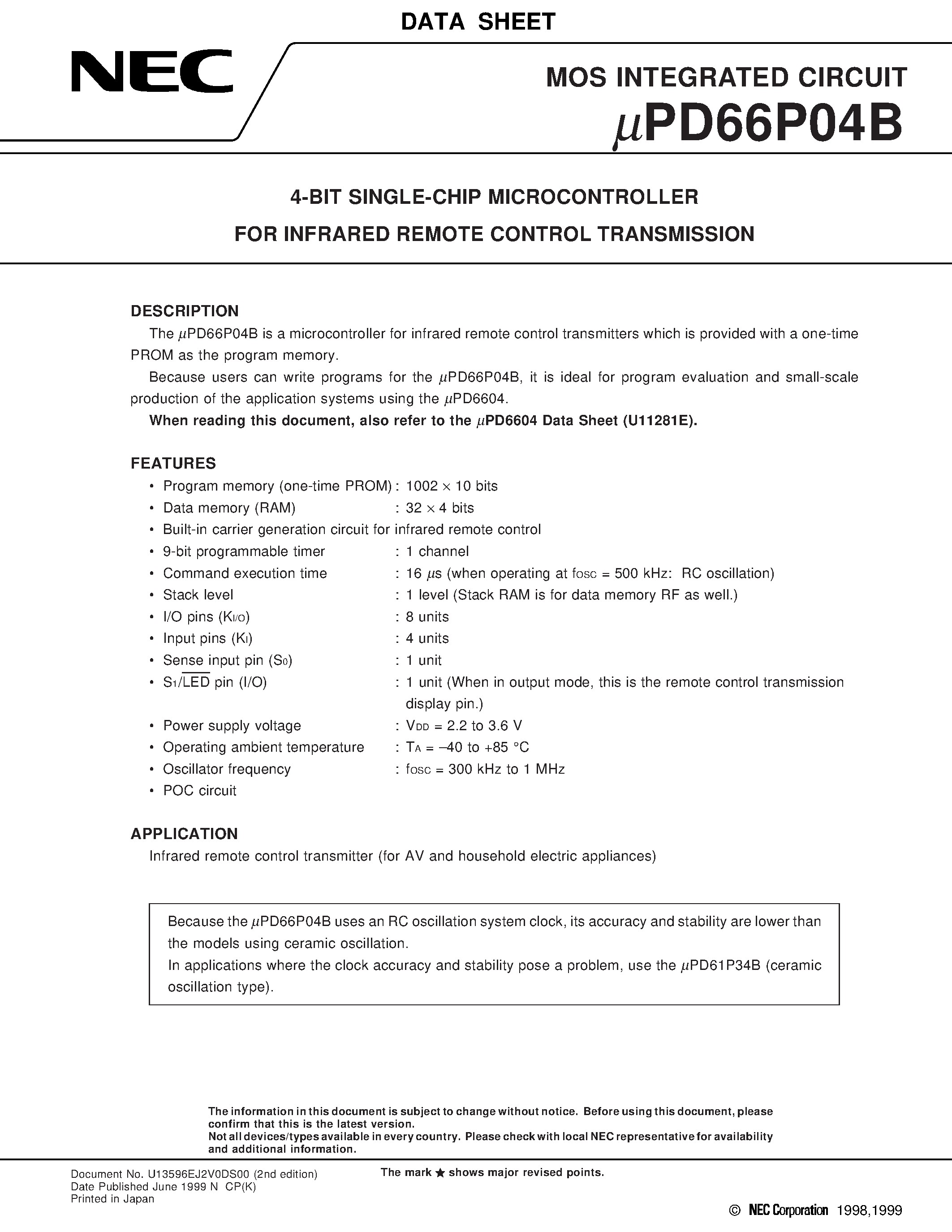 Datasheet UPD66P04B - 4-BIT SINGLE-CHIP MICROCONTROLLER FOR INFRARED REMOTE CONTROL TRANSMISSION page 1