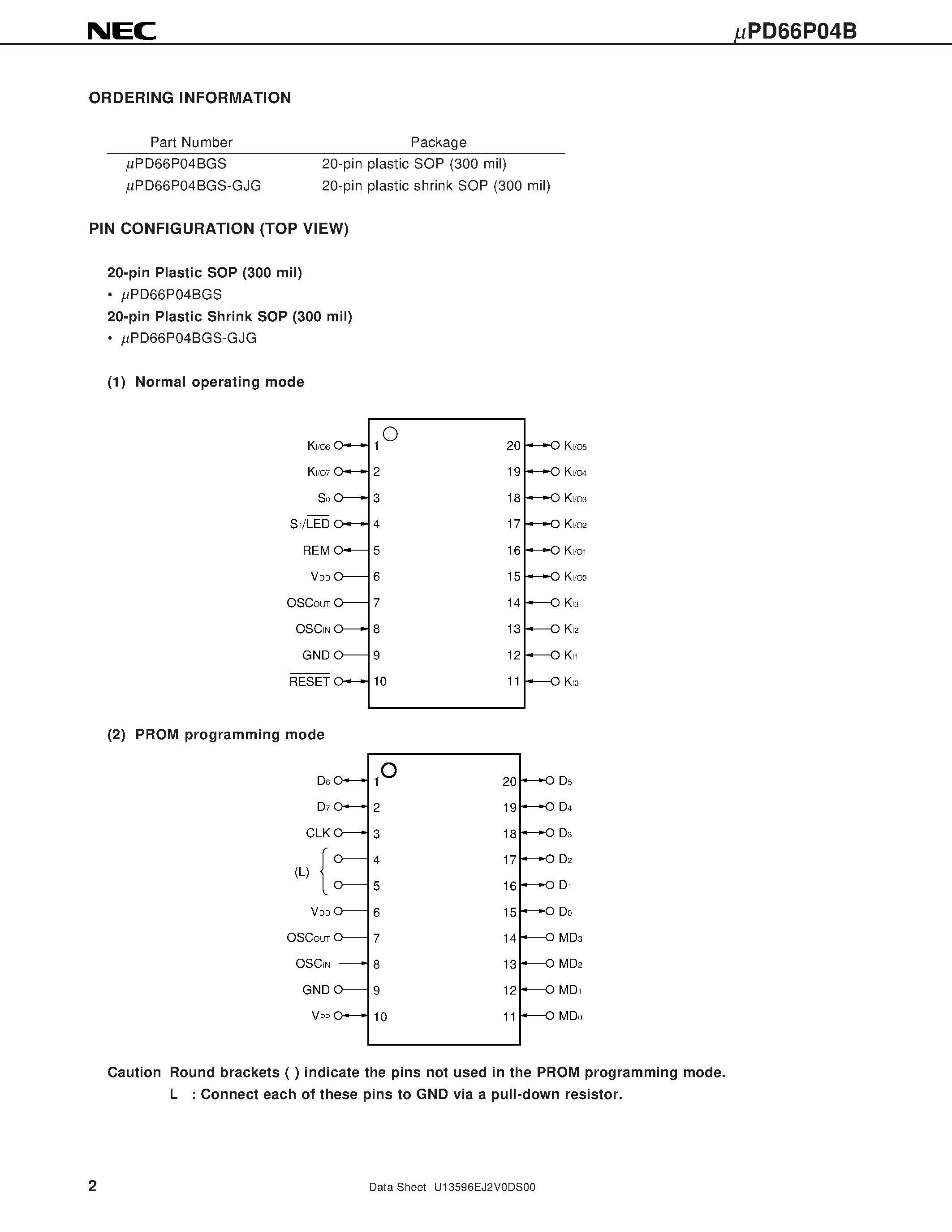 Datasheet UPD66P04B - 4-BIT SINGLE-CHIP MICROCONTROLLER FOR INFRARED REMOTE CONTROL TRANSMISSION page 2