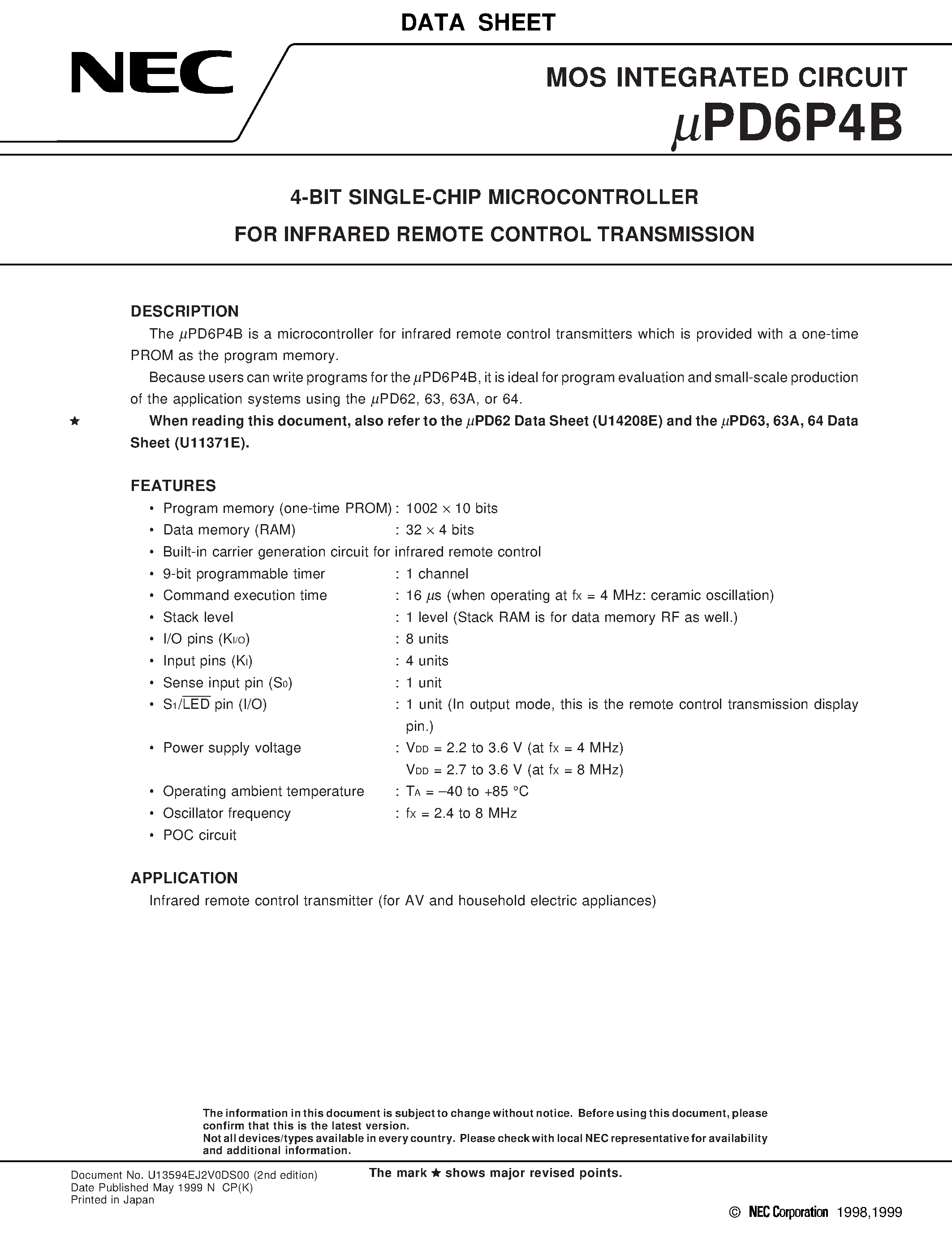 Datasheet UPD6P4BMC-5A4 - 4-BIT SINGLE-CHIP MICROCONTROLLER FOR INFRARED REMOTE CONTROL TRANSMISSION page 1