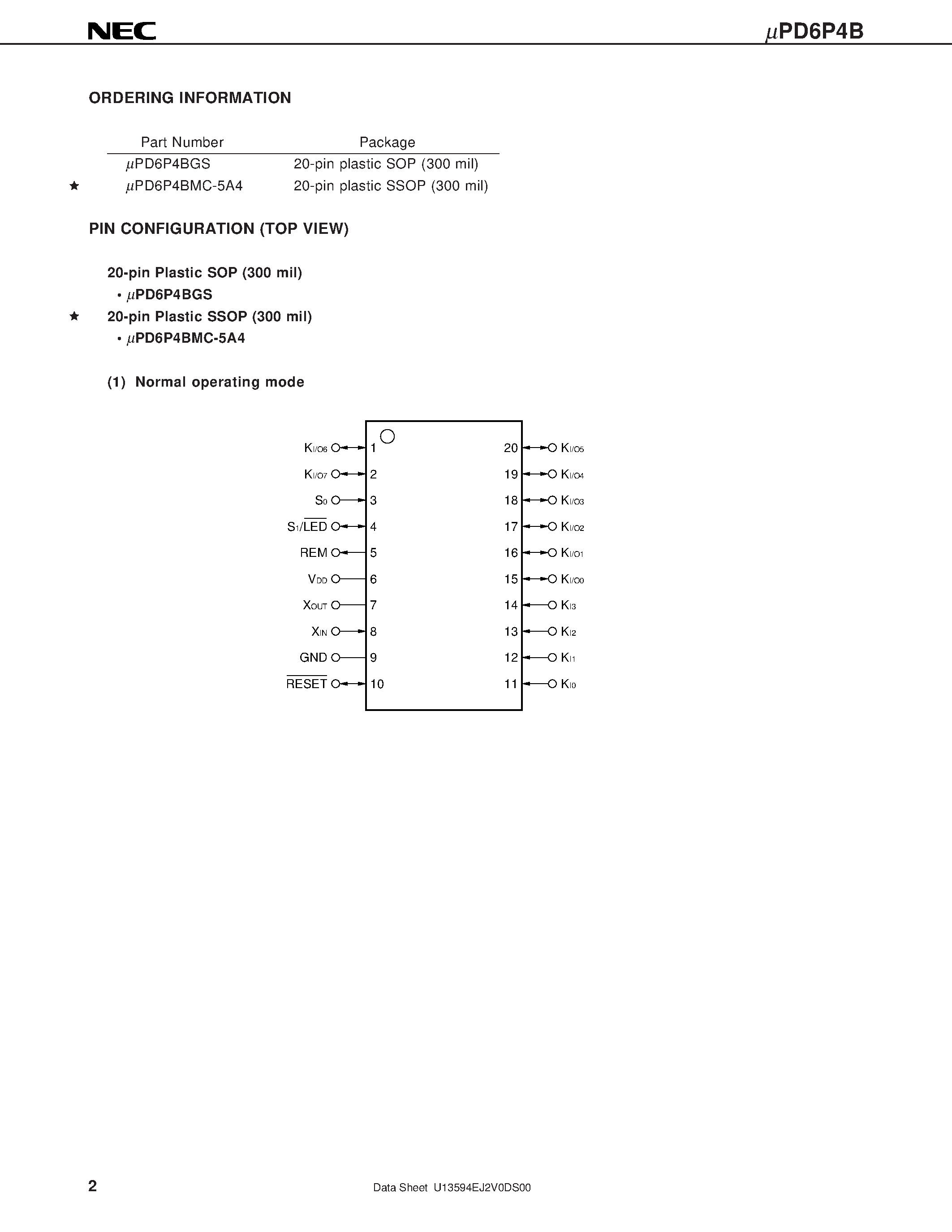 Datasheet UPD6P4BMC-5A4 - 4-BIT SINGLE-CHIP MICROCONTROLLER FOR INFRARED REMOTE CONTROL TRANSMISSION page 2