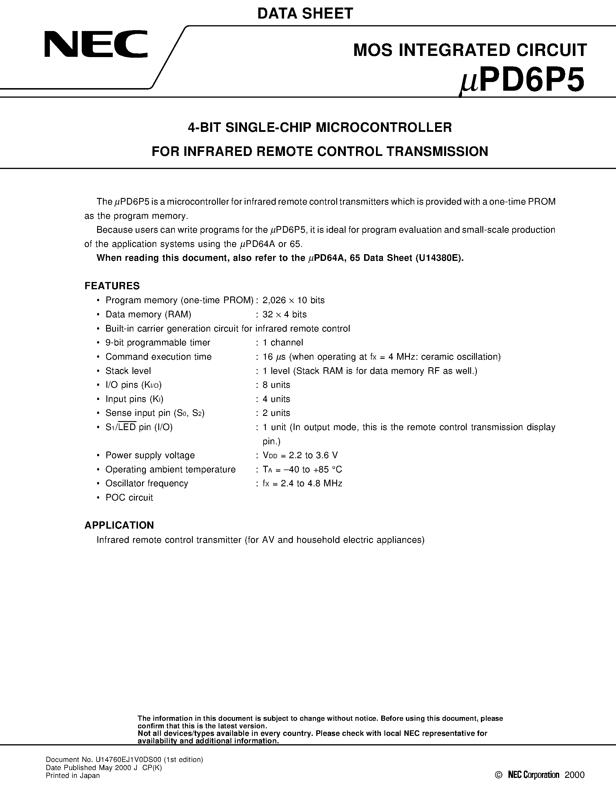 Datasheet UPD6P5 - 4-BIT SINGLE-CHIP MICROCONTROLLER FOR INFRARED REMOTE CONTROL TRANSMISSION page 1