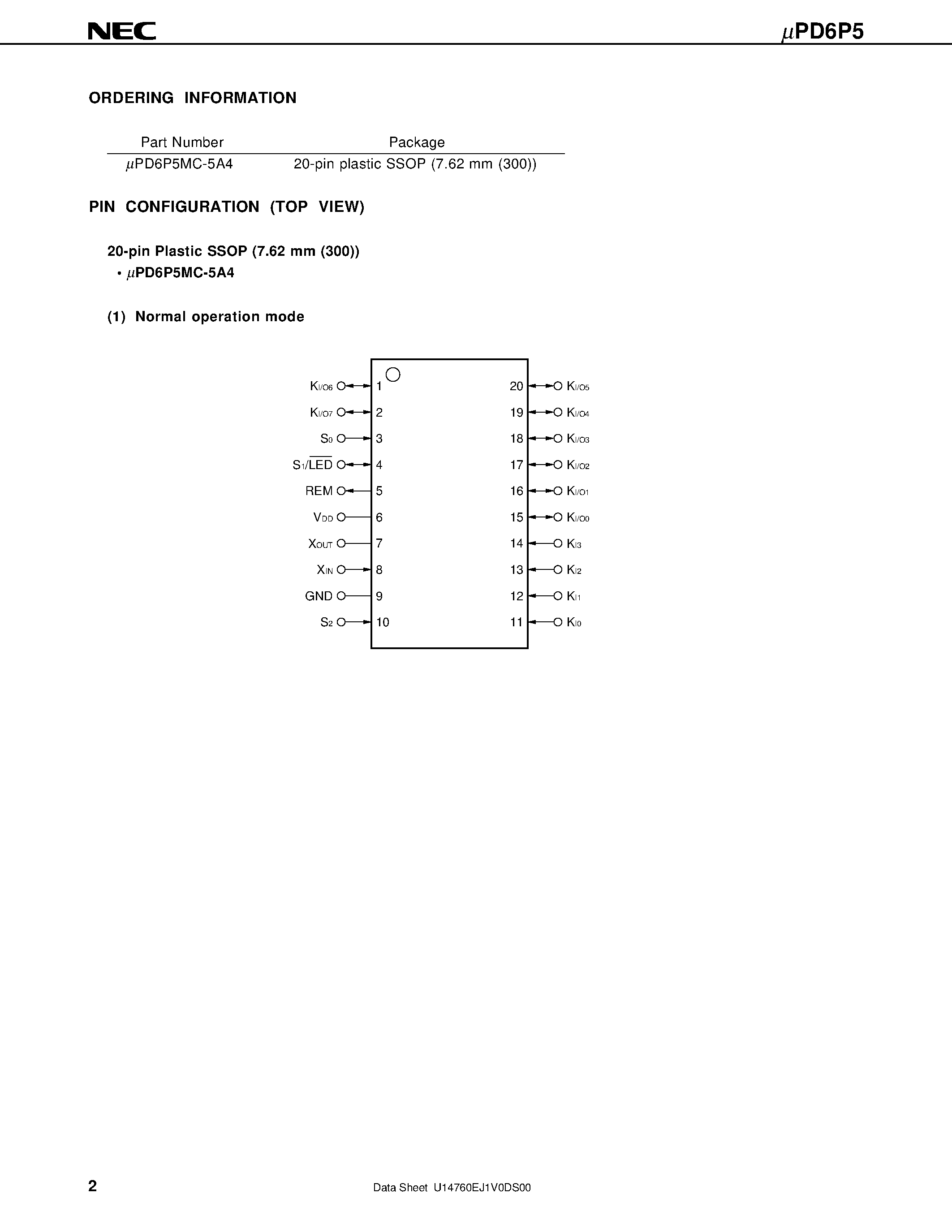 Datasheet UPD6P5 - 4-BIT SINGLE-CHIP MICROCONTROLLER FOR INFRARED REMOTE CONTROL TRANSMISSION page 2