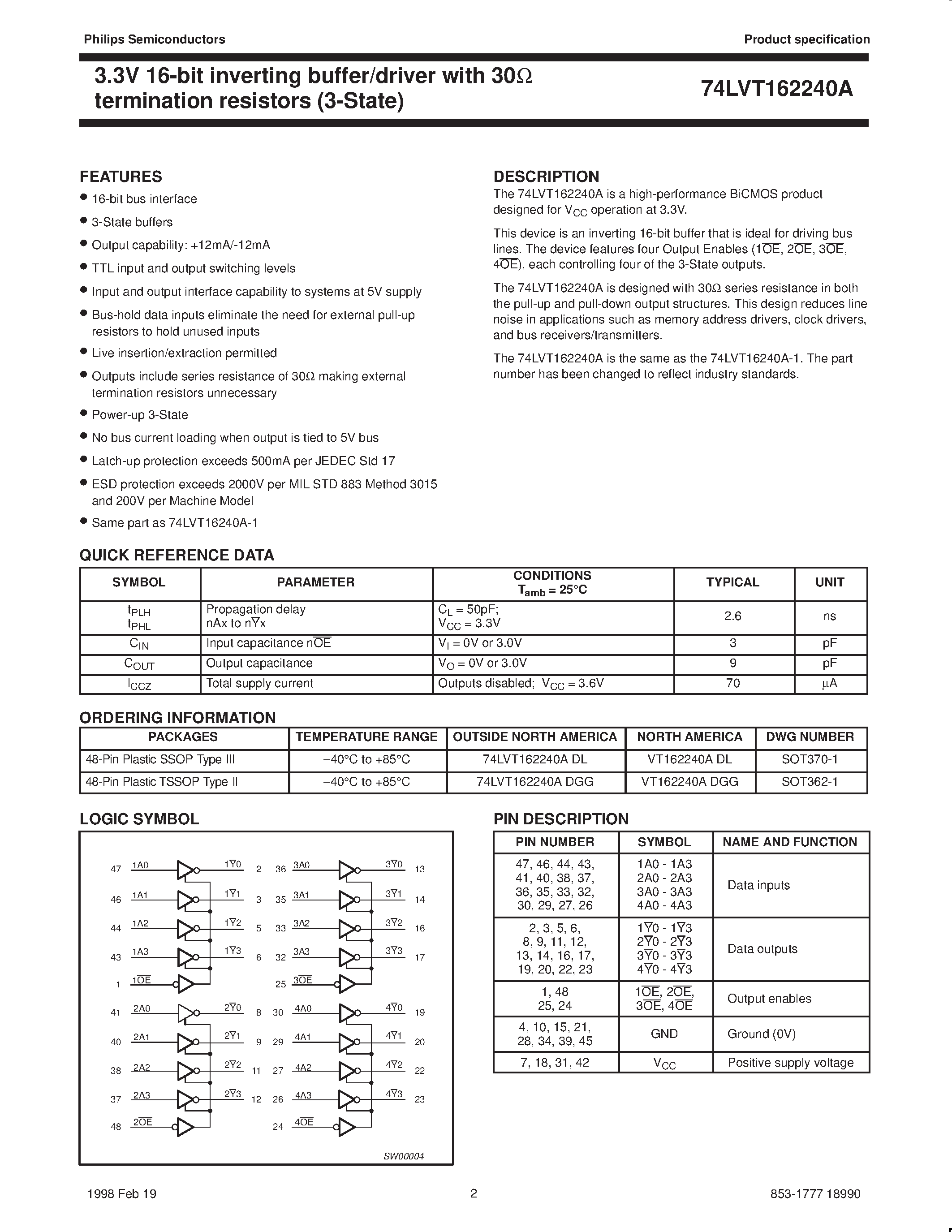 Datasheet VT162240ADGG - 3.3V LVT 16-bit inverting buffer/driver with 30ohm termination resistors 3-State page 2