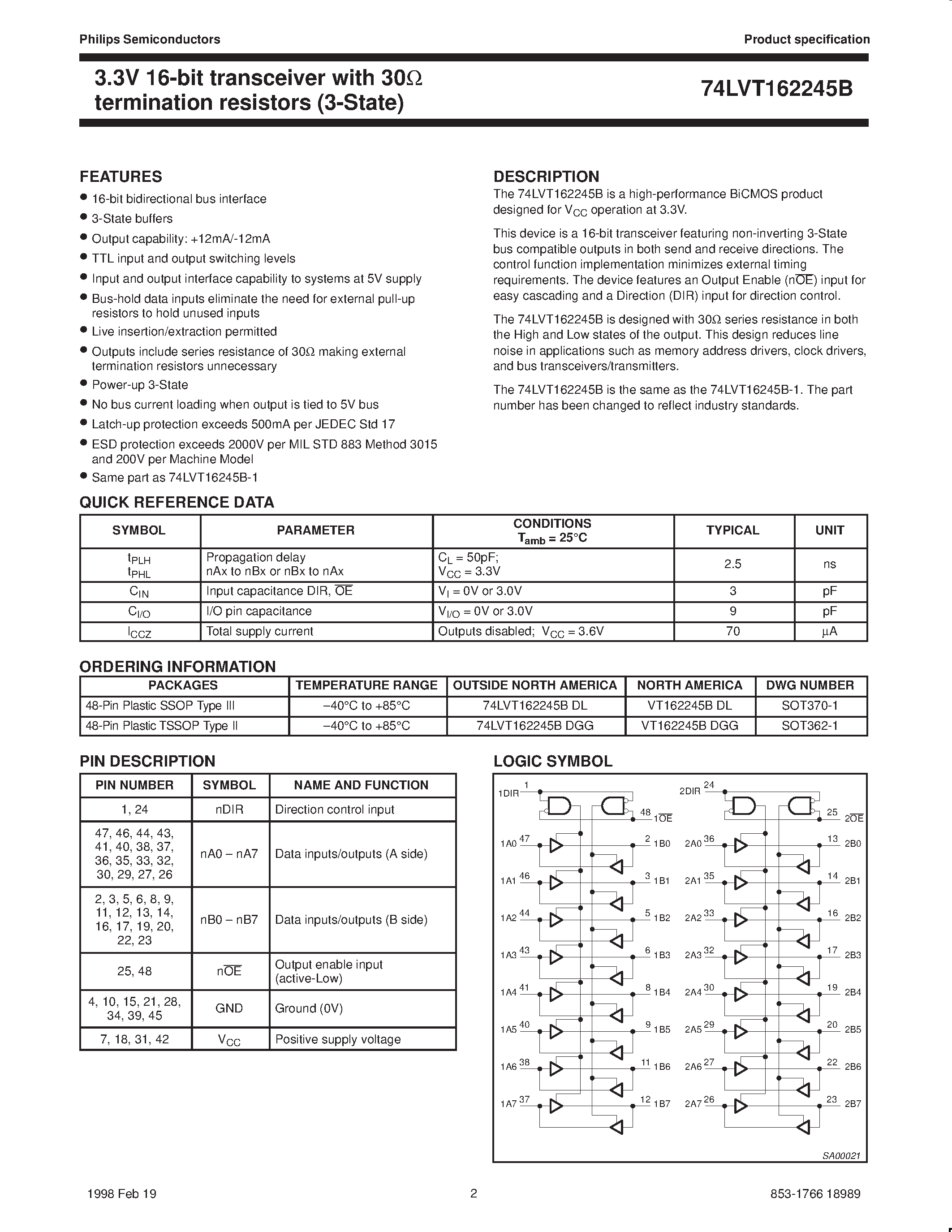 Даташит VT162245BDGG - 3.3V LVT 16-bit transceiver with 30ohm termination resistors 3-State страница 2