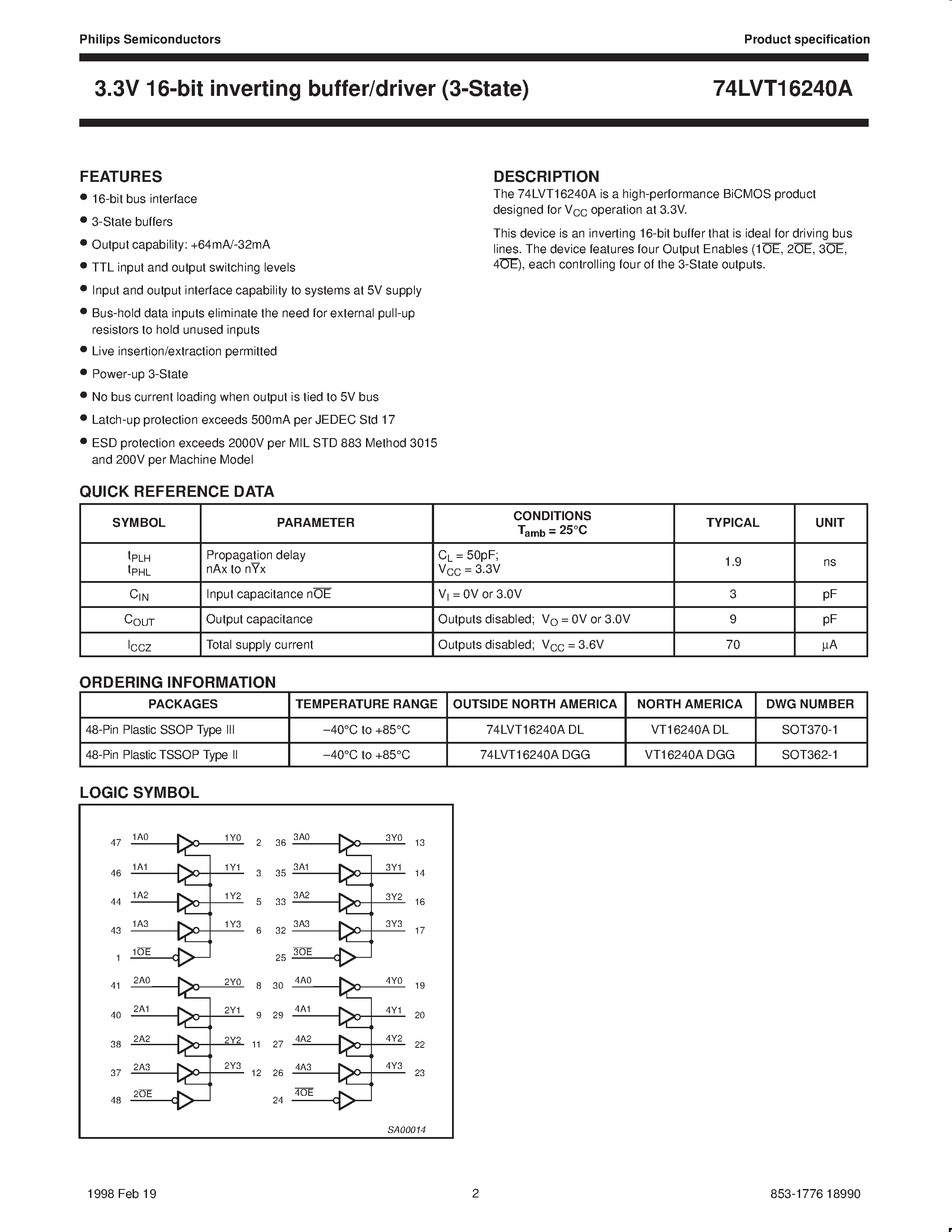 Datasheet VT16240ADL - 3.3V LVT 16-bit inverting buffer/driver 3-State page 2