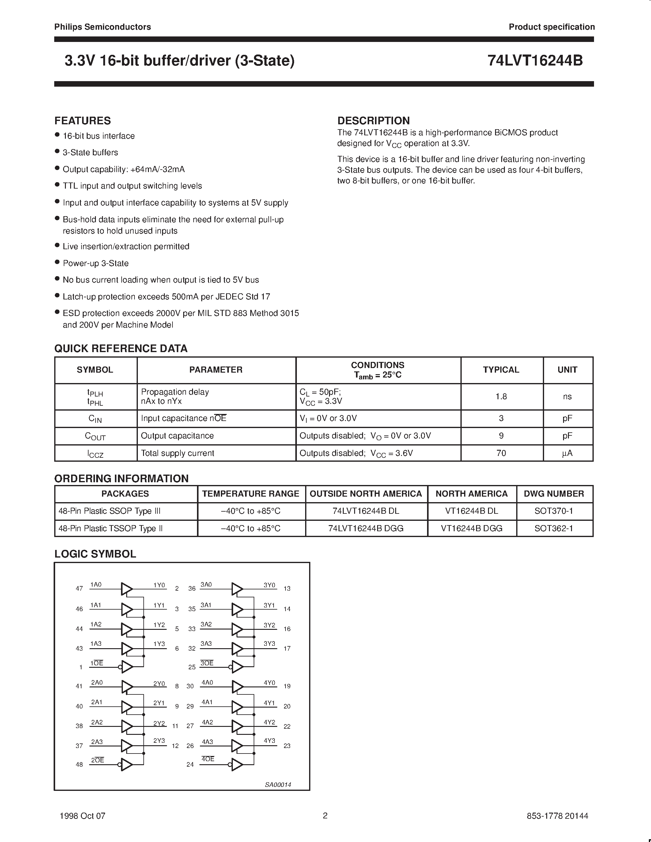 Datasheet VT16244B-DGG - 3.3V LVT 16-bit buffer/driver 3-State page 2