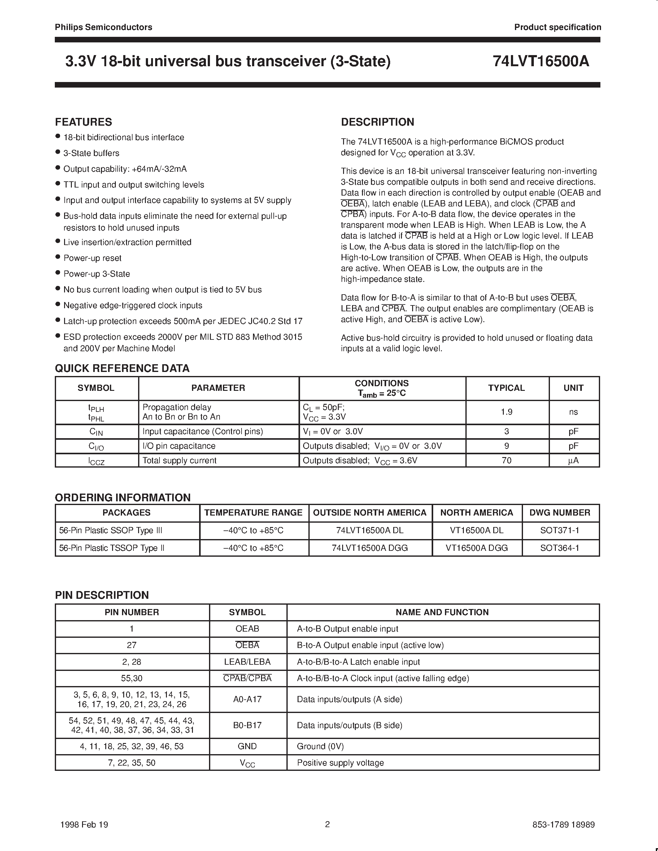 Datasheet VT16500ADL - 3.3V 18-bit universal bus transceiver 3-State page 2