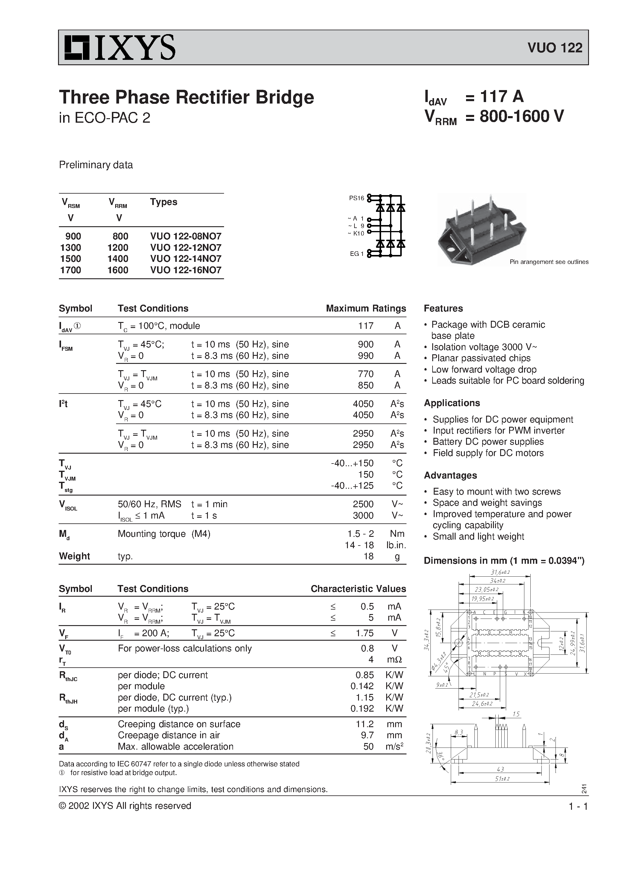 Даташит VUO122 - Three Phase Rectifier Bridge in ECO-PAC 2 страница 1